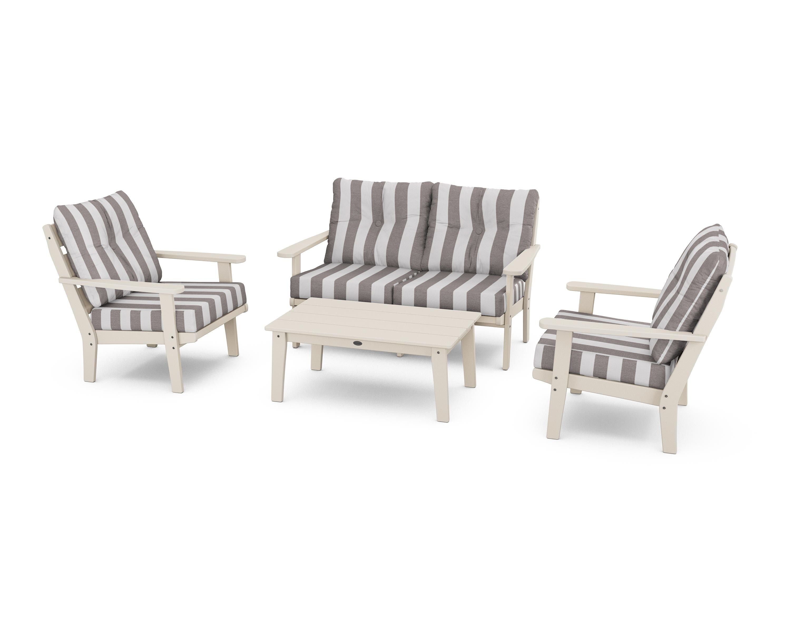 POLYWOOD® Lakeside 4-Piece Deep Seating Set in Sand / Cabana Stripe Grey Mist