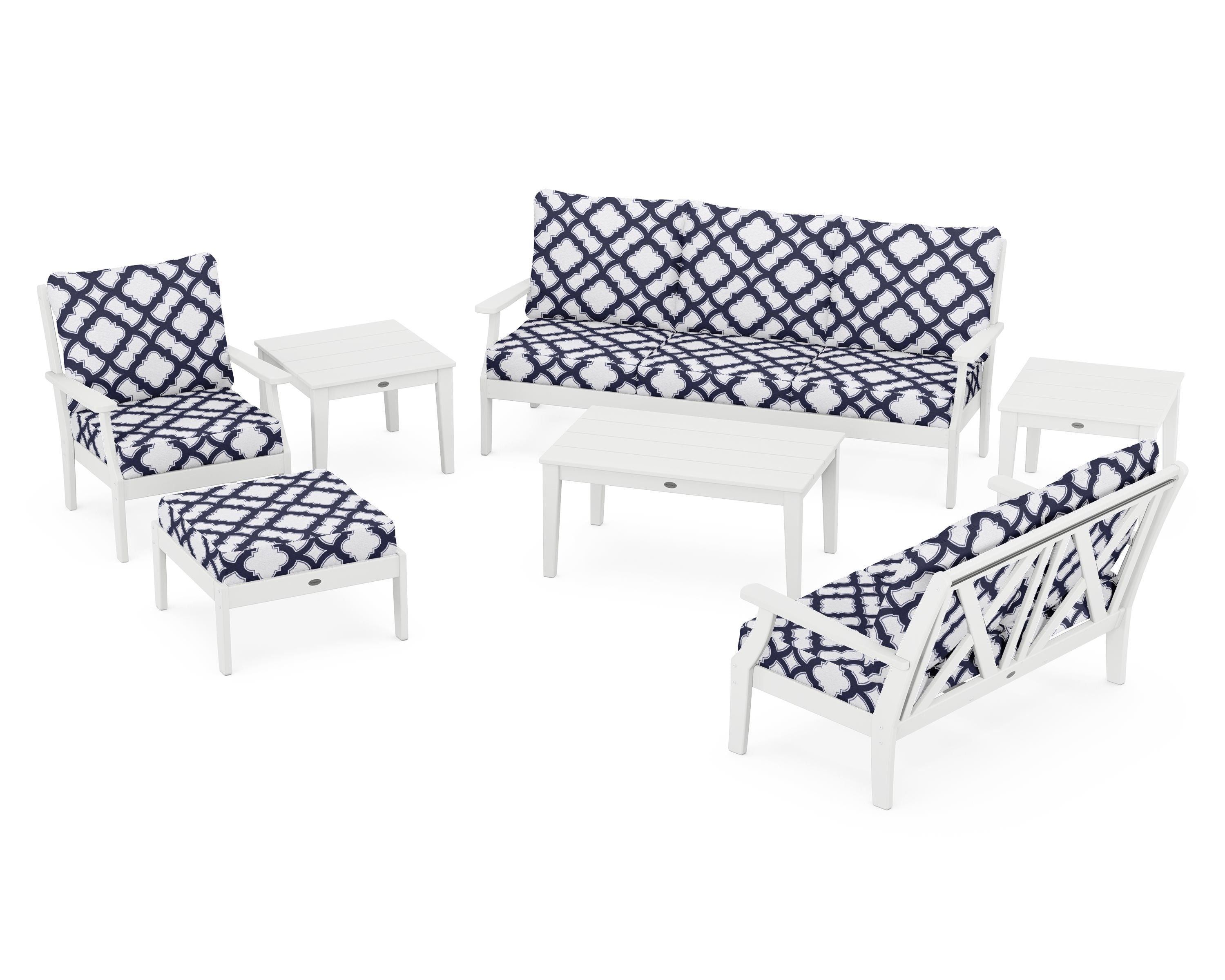 POLYWOOD® Braxton 7-Piece Deep Seating Set in White / Trellis Navy