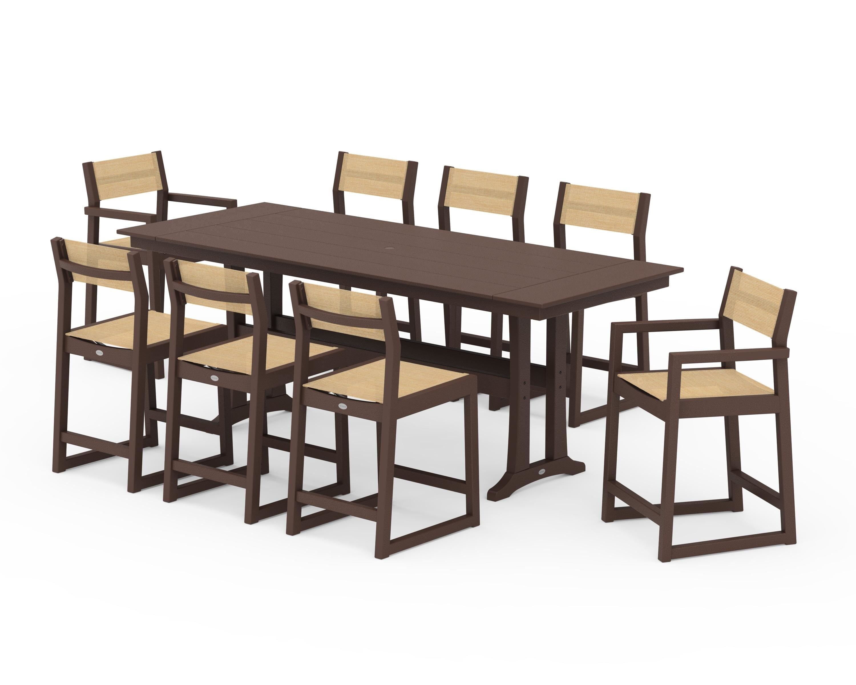 POLYWOOD® EDGE Sling 9-Piece Farmhouse Counter Set with Trestle Legs in Mahogany / Dupioni Apricot Sling
