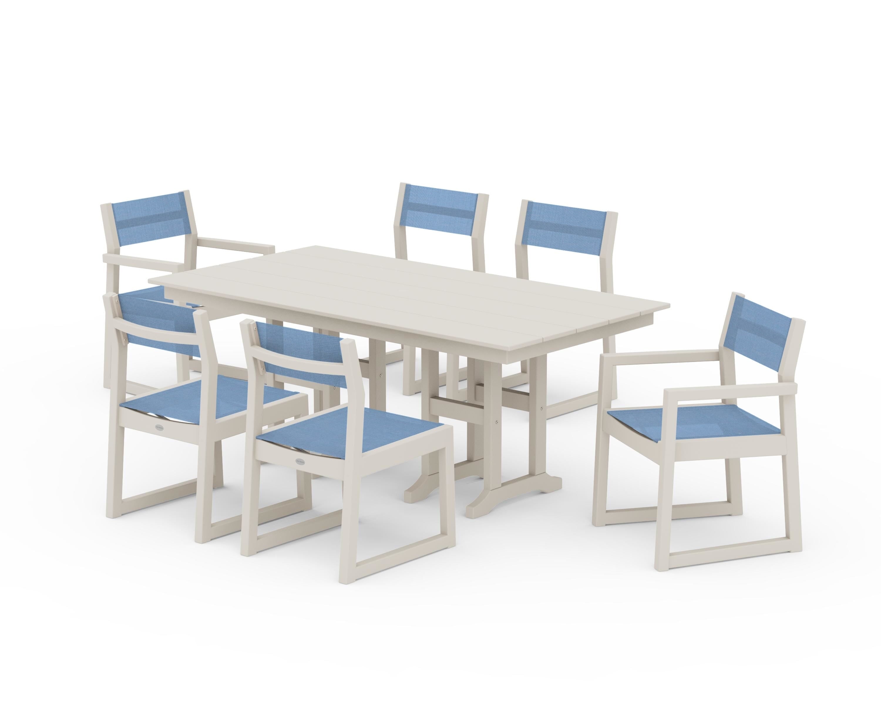 POLYWOOD® EDGE Sling 7-Piece Farmhouse Dining Set in Sand / Poolside Sling