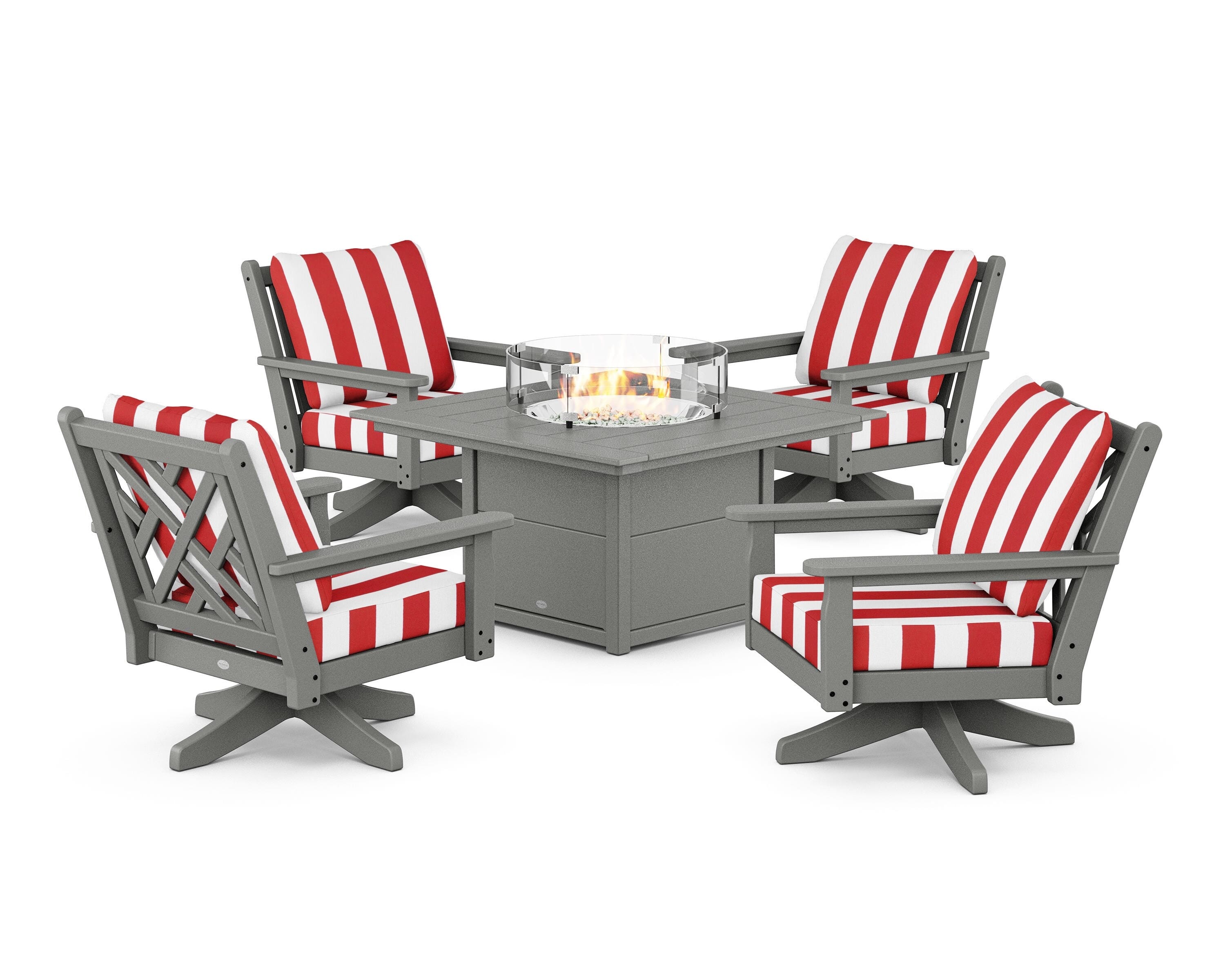 POLYWOOD® Chippendale 5-Piece Deep Seating Swivel Conversation Set with Fire Pit Table in Slate Grey / Cabana Stripe Crimson