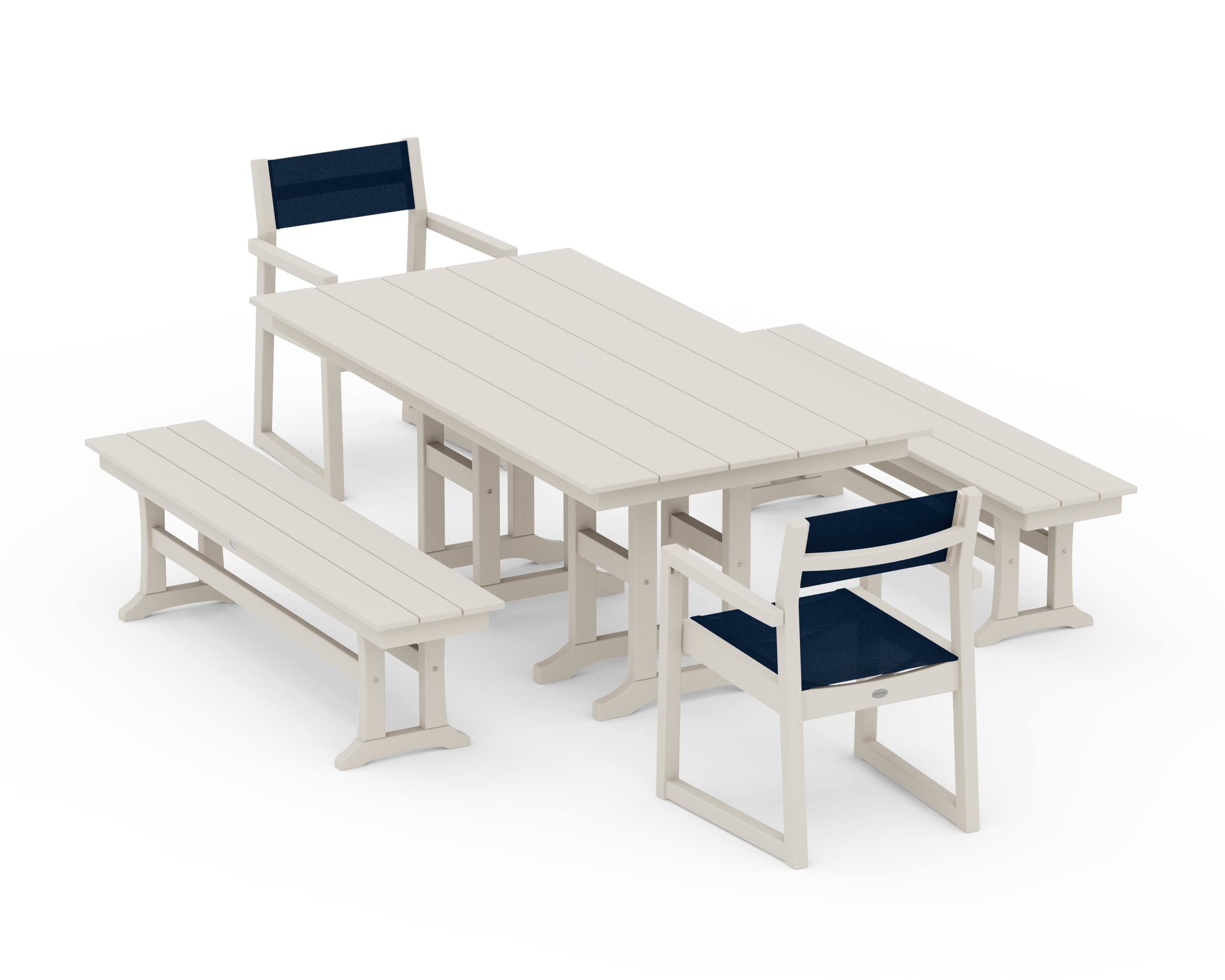POLYWOOD® EDGE Sling Arm Chair 5-Piece Farmhouse Dining Set with Benches in Sand / Navy Blue Sling