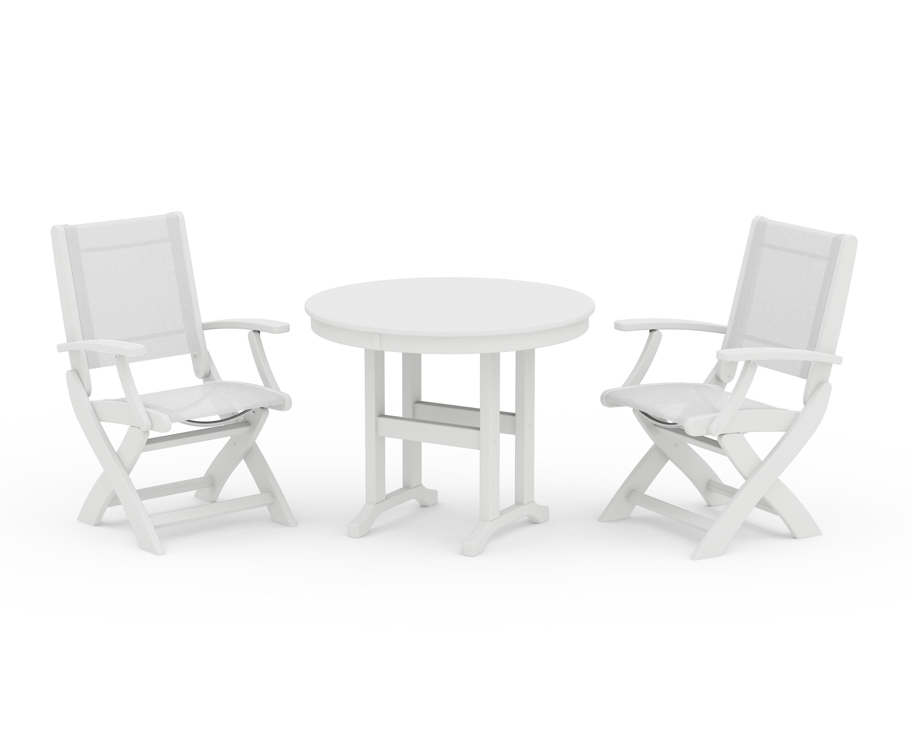 POLYWOOD® Coastal Folding Chair 3-Piece Round Dining Set in White / White Sling