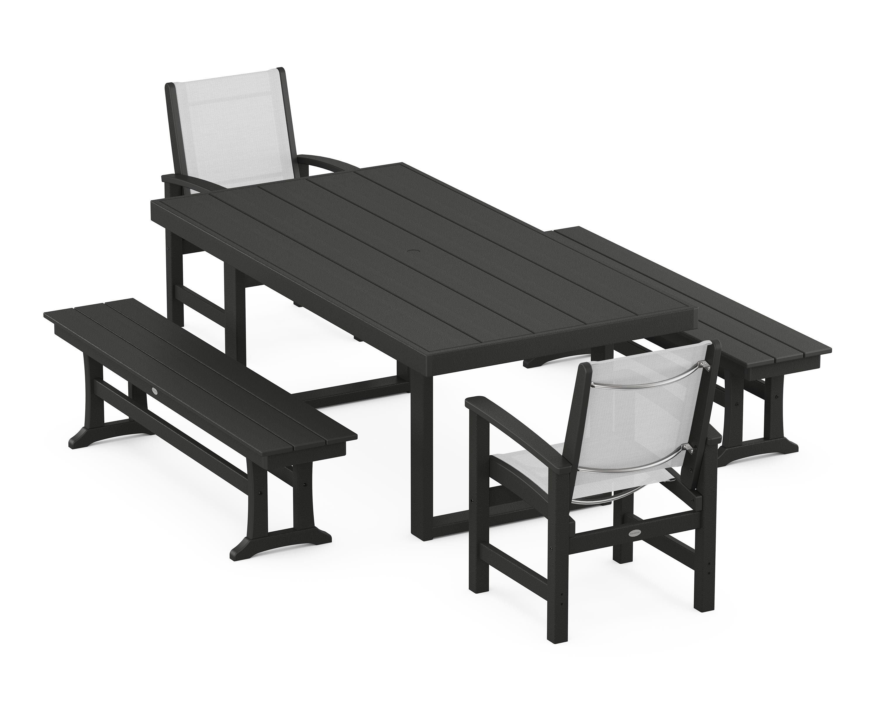 POLYWOOD® Coastal 5-Piece Dining Set with Trestle Legs in Black / White Sling