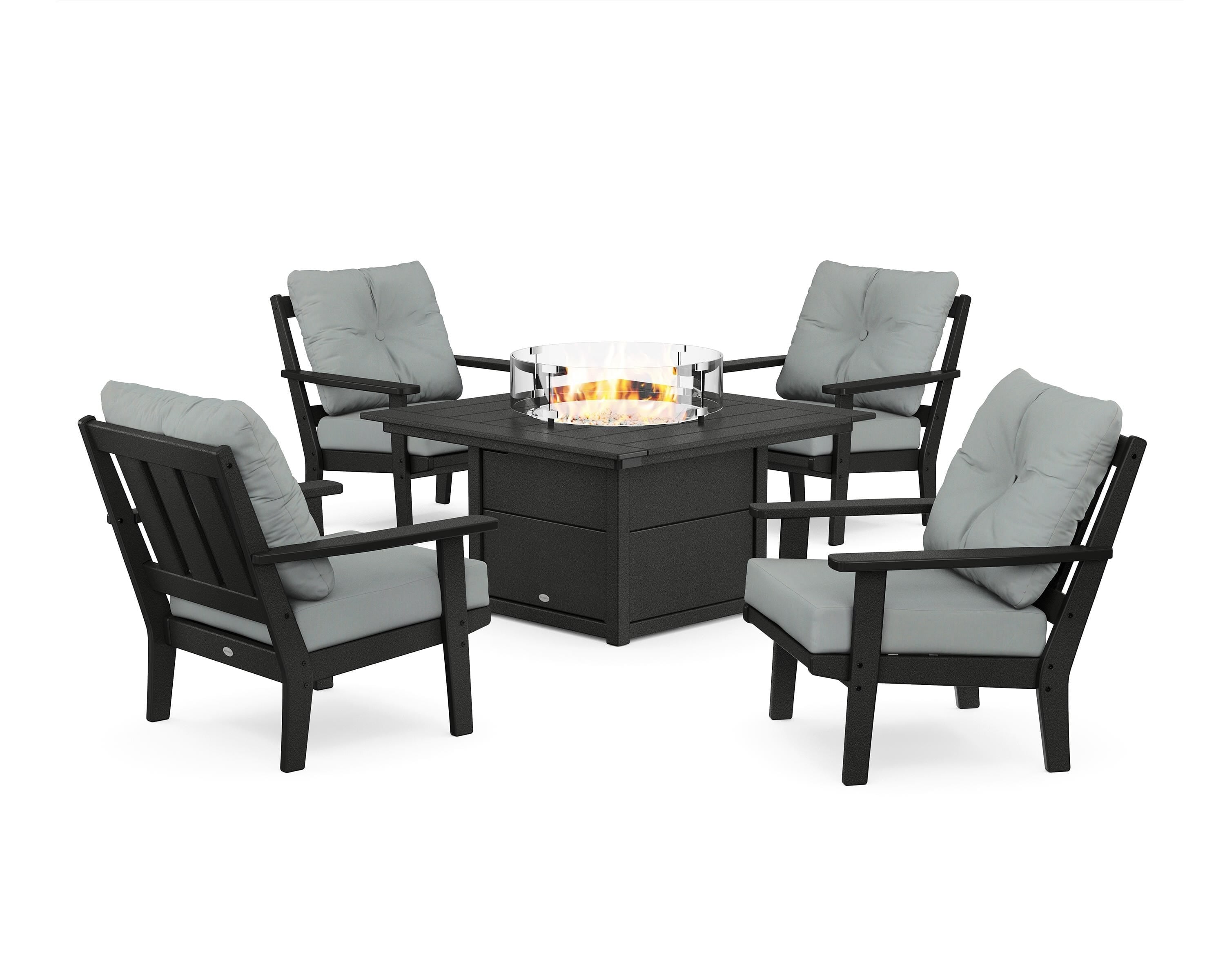 POLYWOOD® Oxford 5-Piece Deep Seating Set with Fire Pit Table in Black / Spa