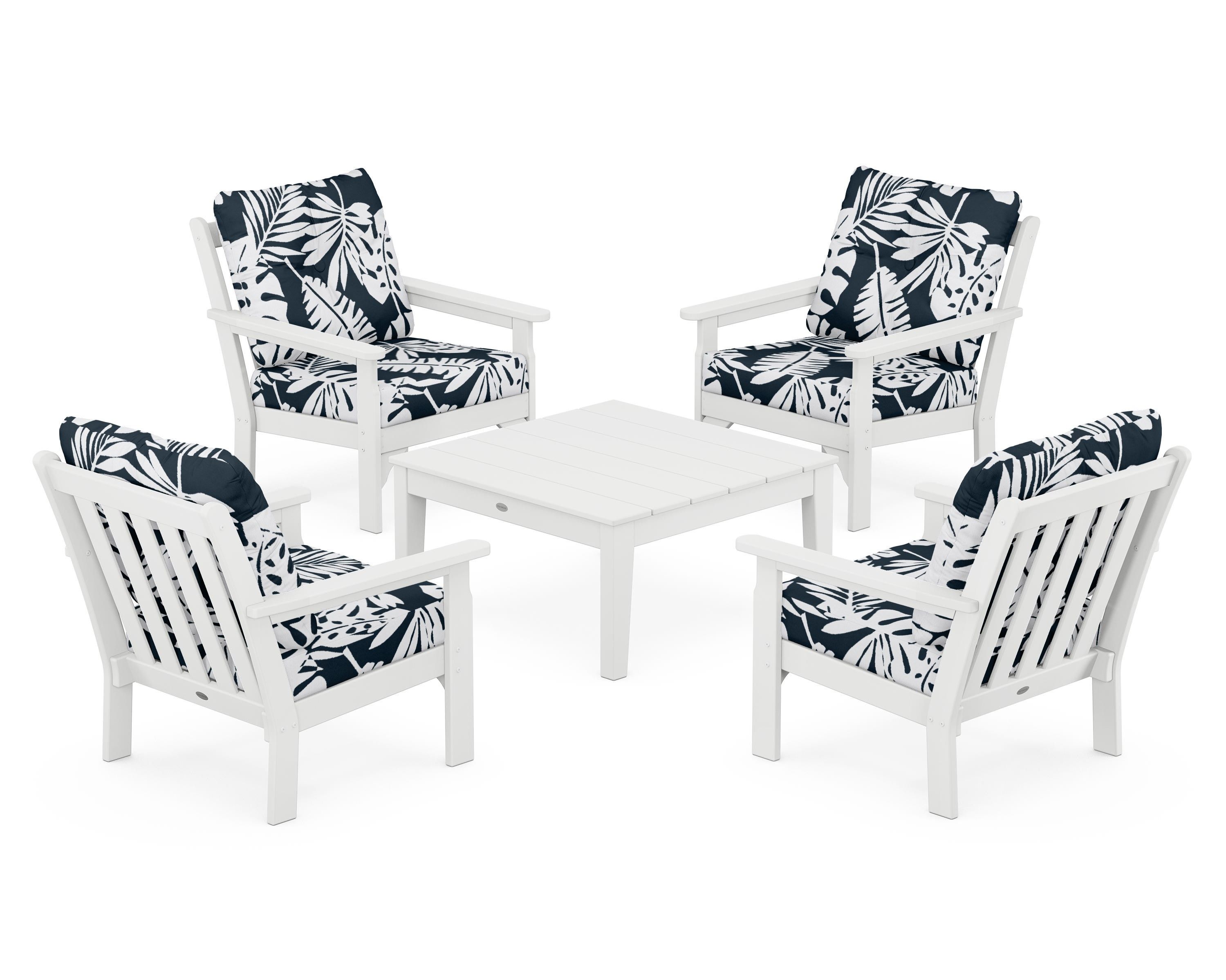 POLYWOOD® Vineyard 5-Piece Deep Seating Conversation Set in White / Leaf Marine Indigo