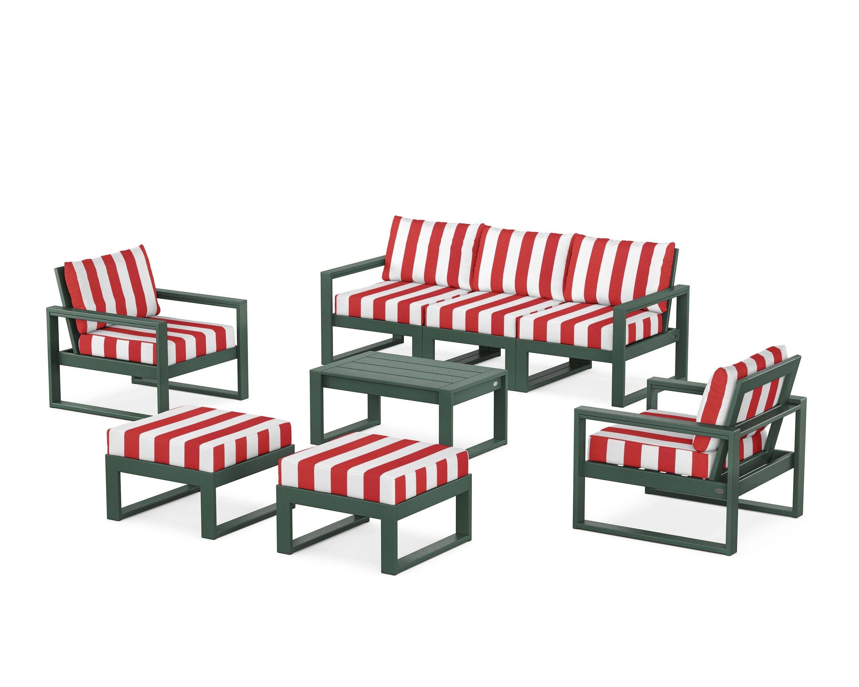 POLYWOOD® EDGE Sectional 8-Piece Lounge Sofa Set in Green / Cabana Stripe Crimson