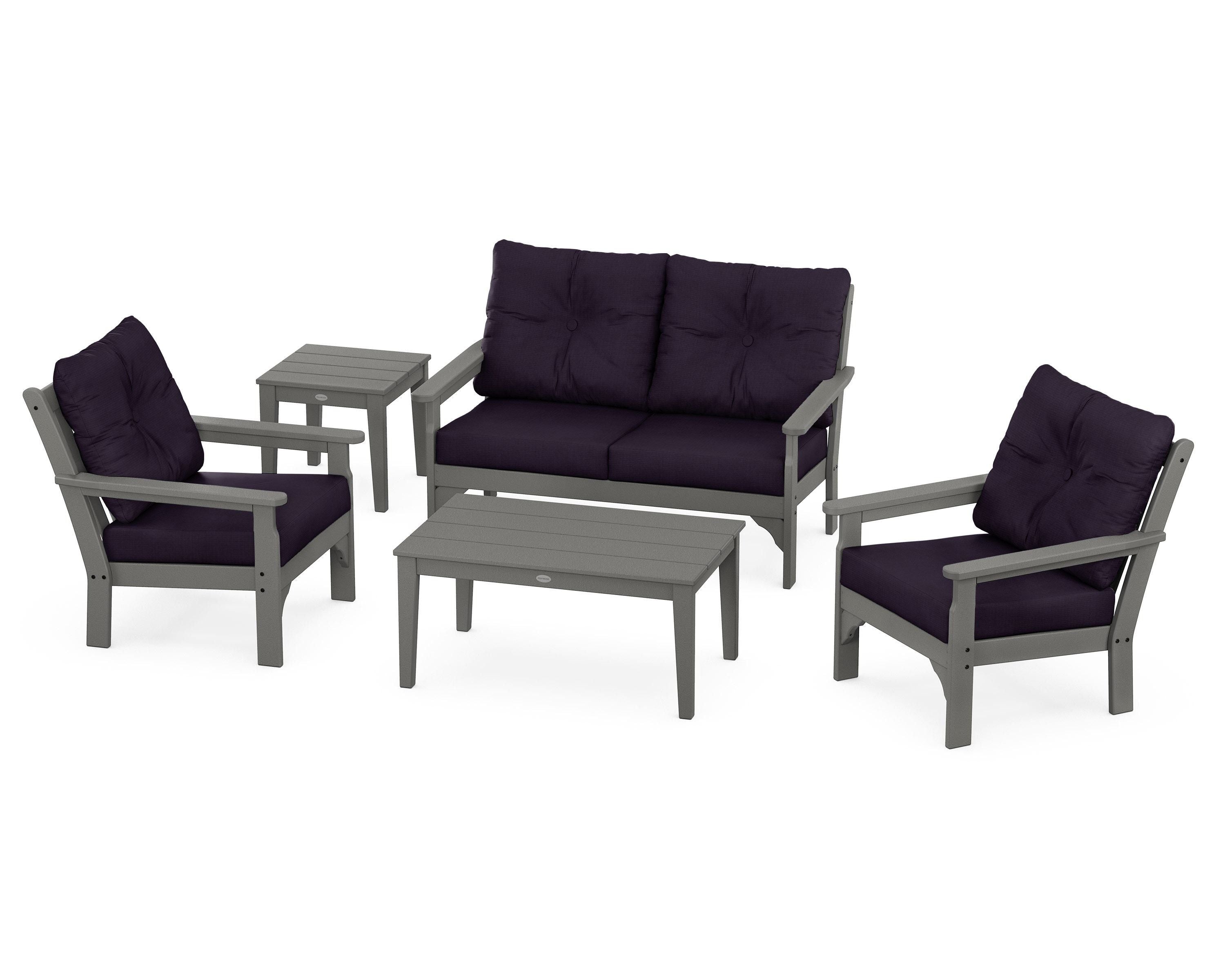 POLYWOOD® Vineyard 5-Piece Deep Seating Set in Slate Grey / Navy Linen