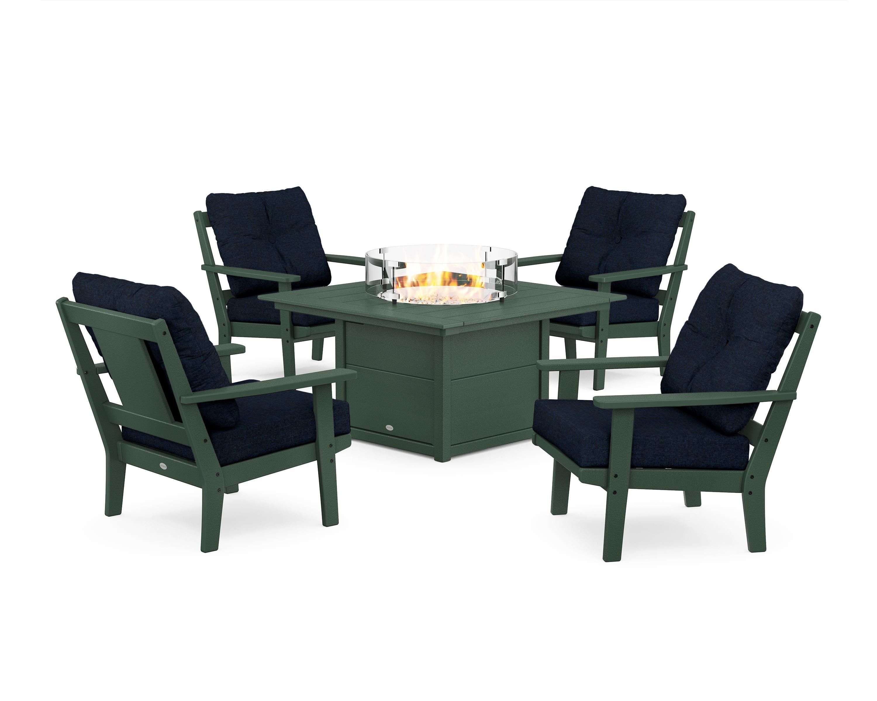 POLYWOOD® Prairie 5-Piece Deep Seating Set with Fire Pit Table in Green / Marine Indigo
