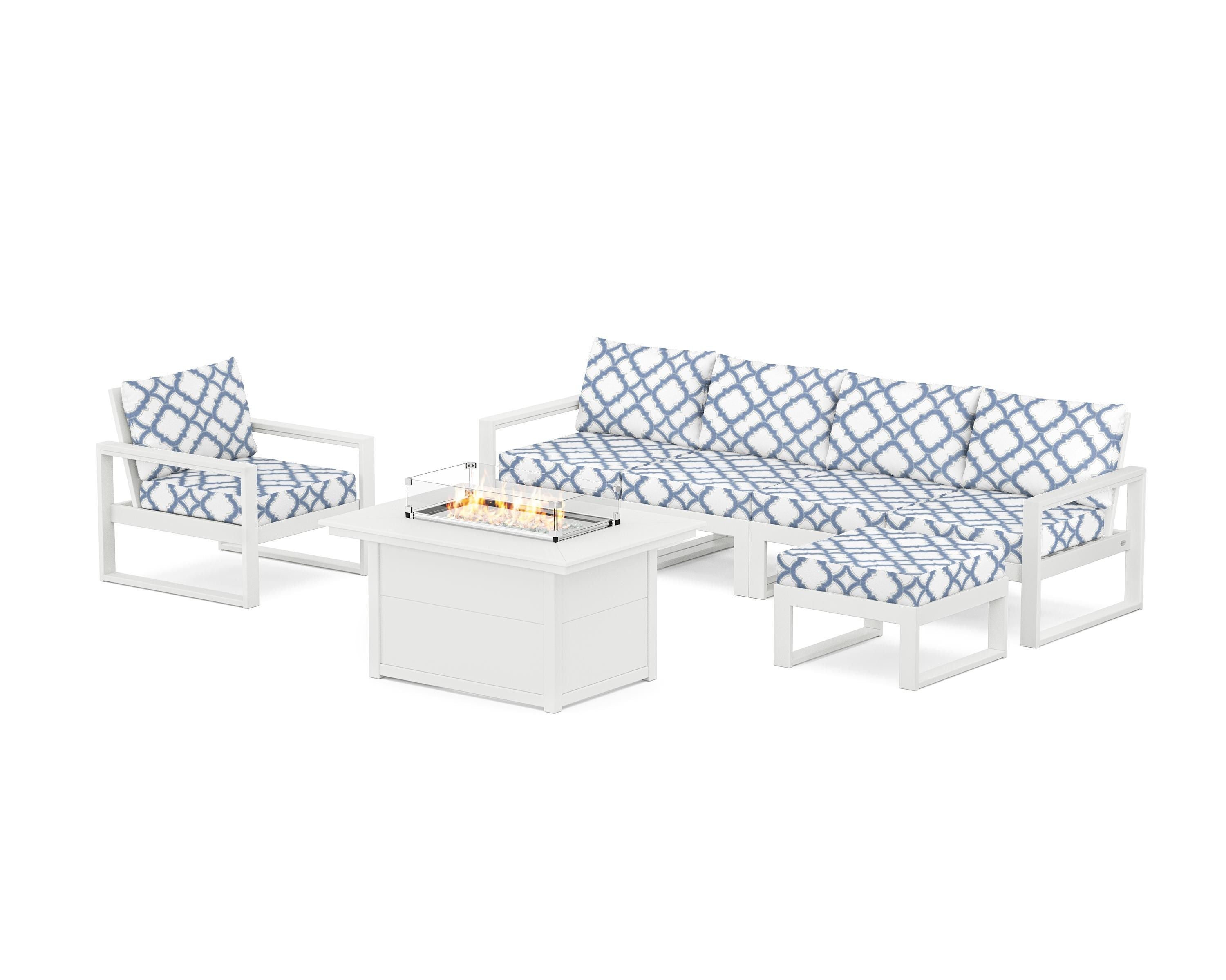 POLYWOOD® EDGE Sectional Lounge and Fire Pit Set in White / Trellis Sky Blue
