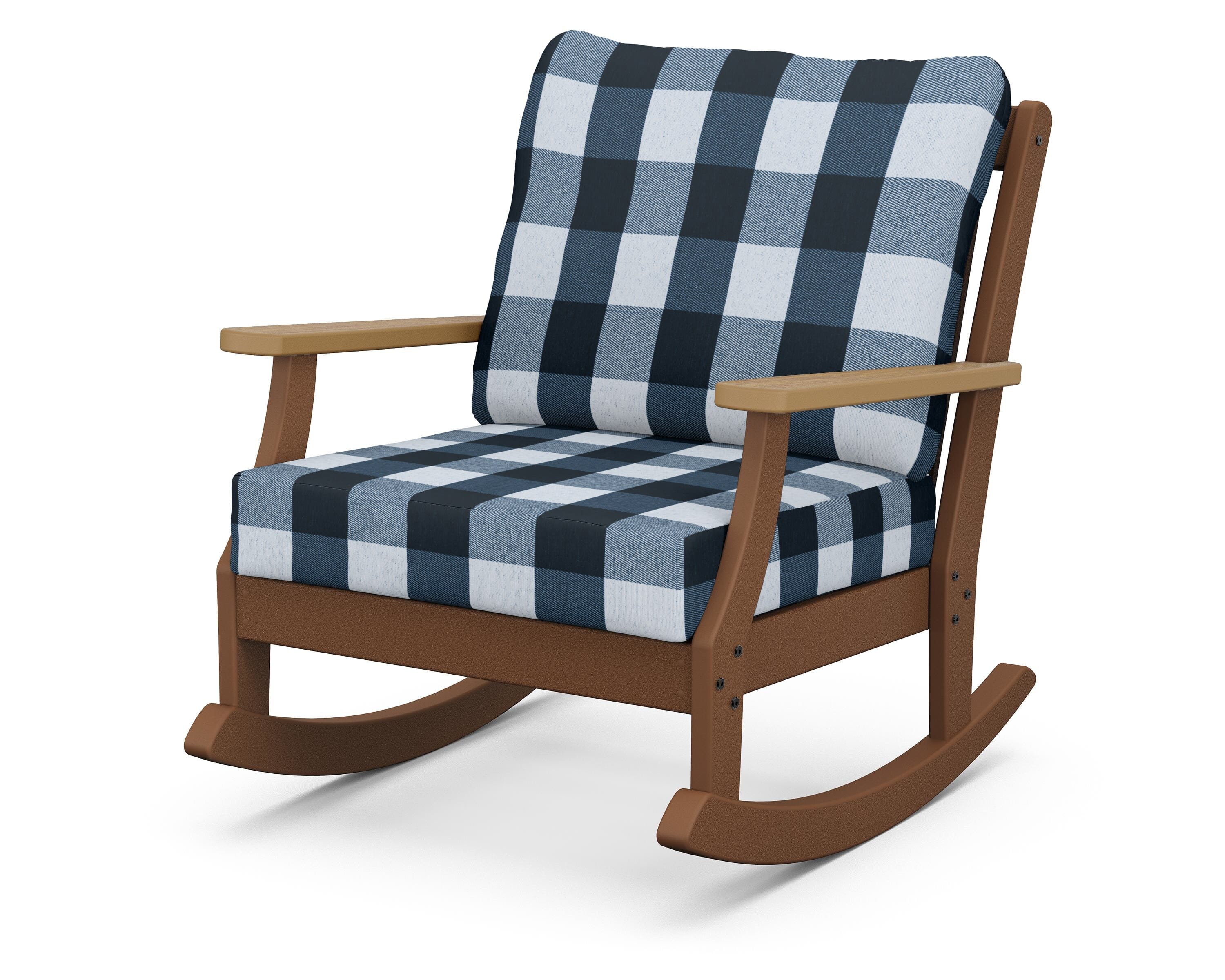 POLYWOOD® Braxton Deep Seating Rocking Chair in Teak / Natural / Buffalo Plaid Marine Indigo