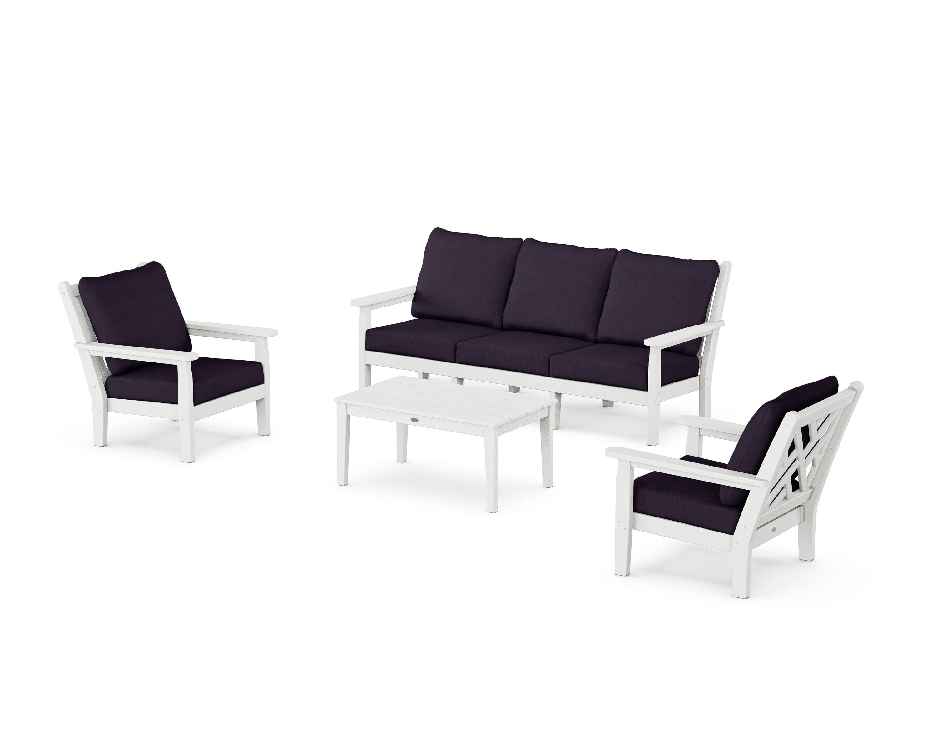 POLYWOOD® Chippendale 4-Piece Deep Seating Set with Sofa in White / Navy Linen
