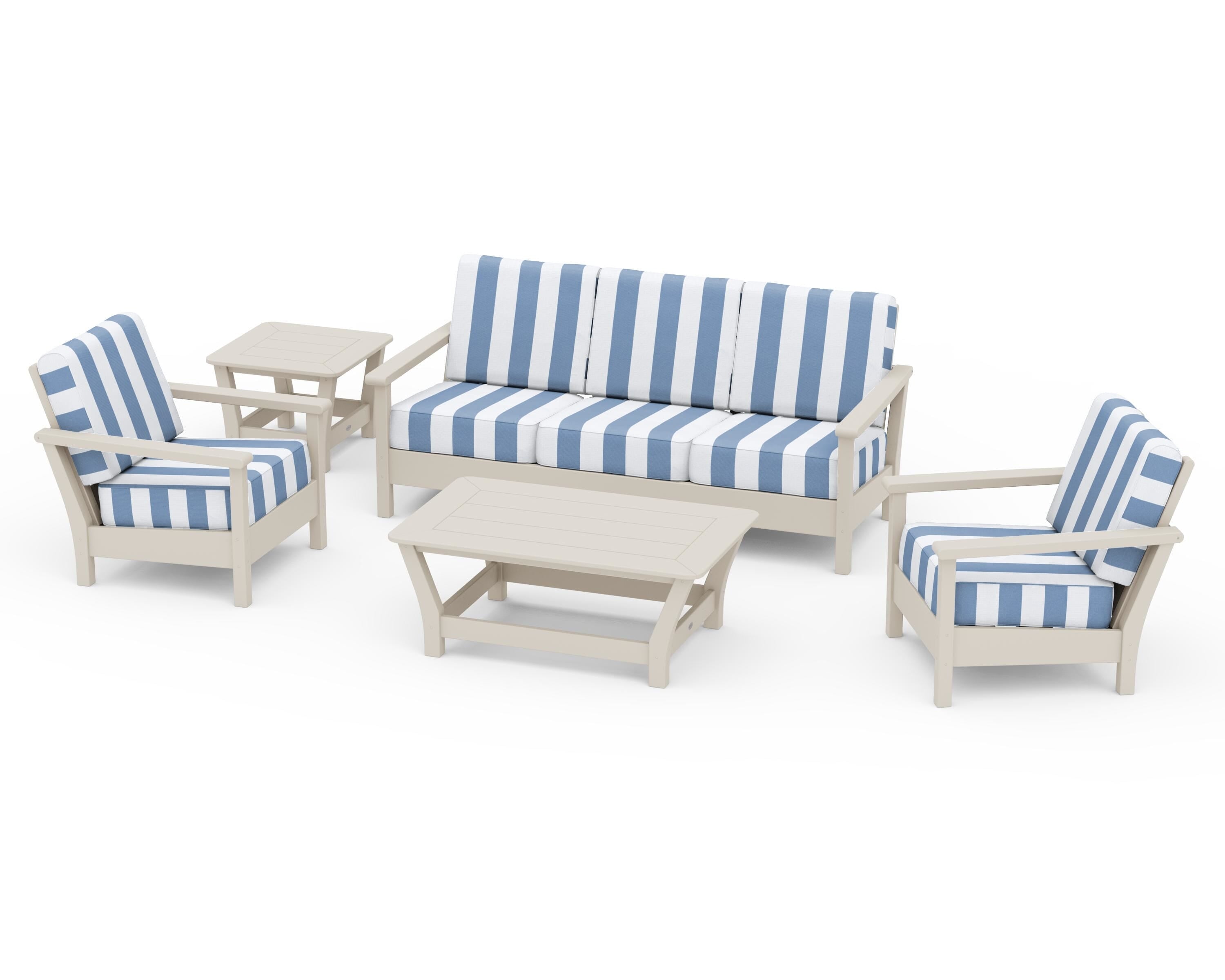 POLYWOOD® Harbour 5-Piece Deep Seating Set in Sand / Cabana Stripe Sky Blue