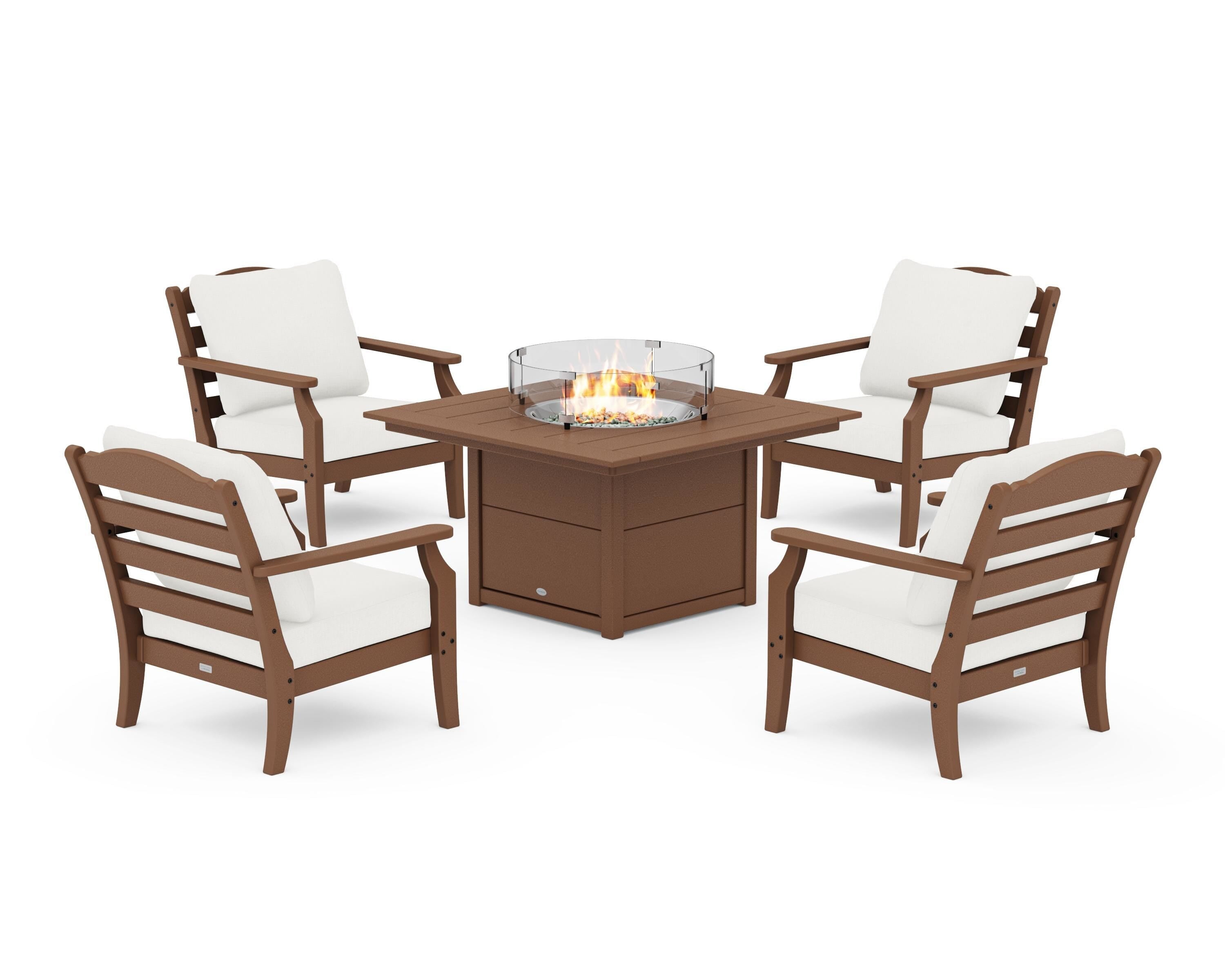 Draper James™ by POLYWOOD® Savannah 5-Piece Deep Seating Set with Fire Pit Table in Teak / Natural Linen