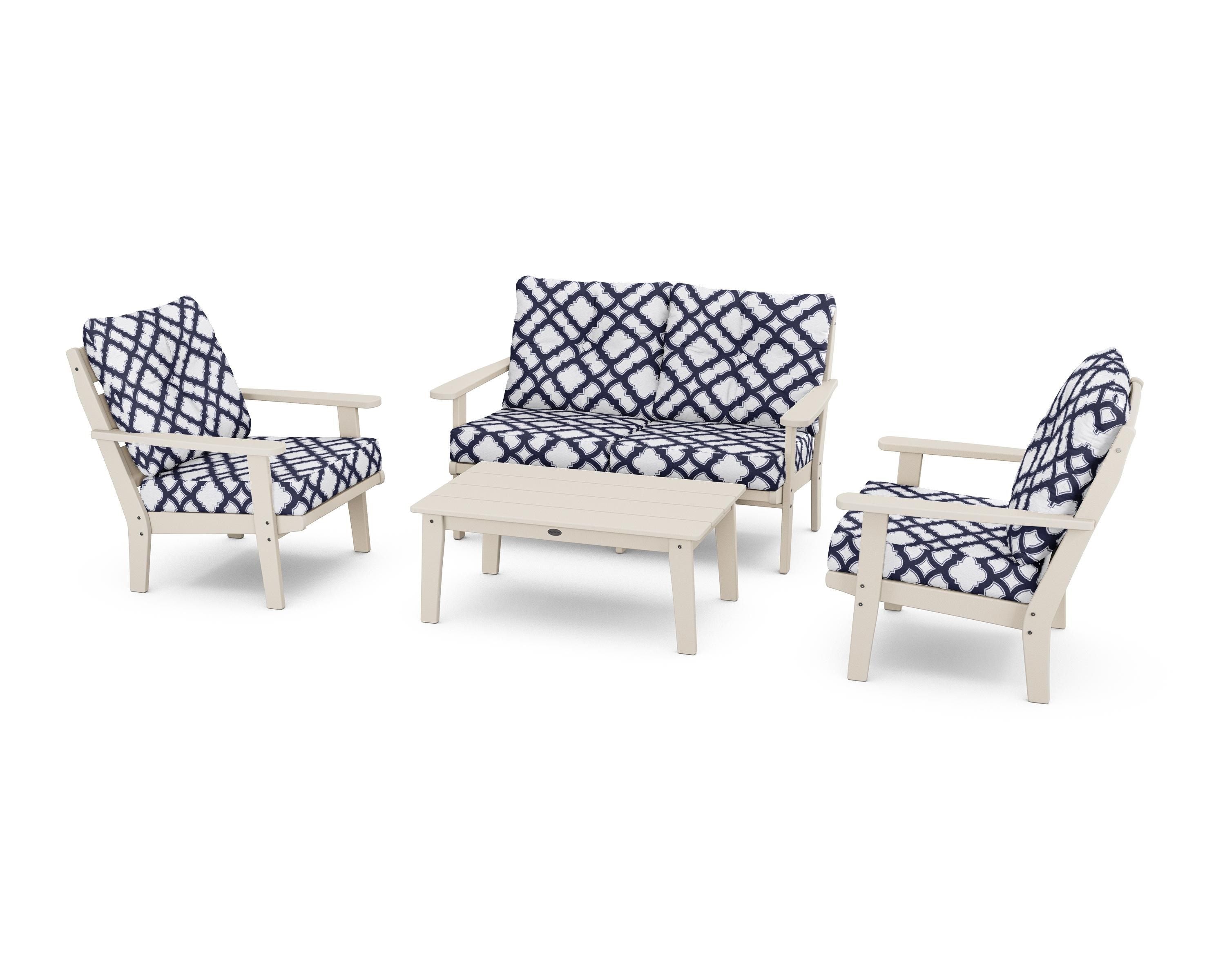 POLYWOOD® Lakeside 4-Piece Deep Seating Set in Sand / Trellis Navy