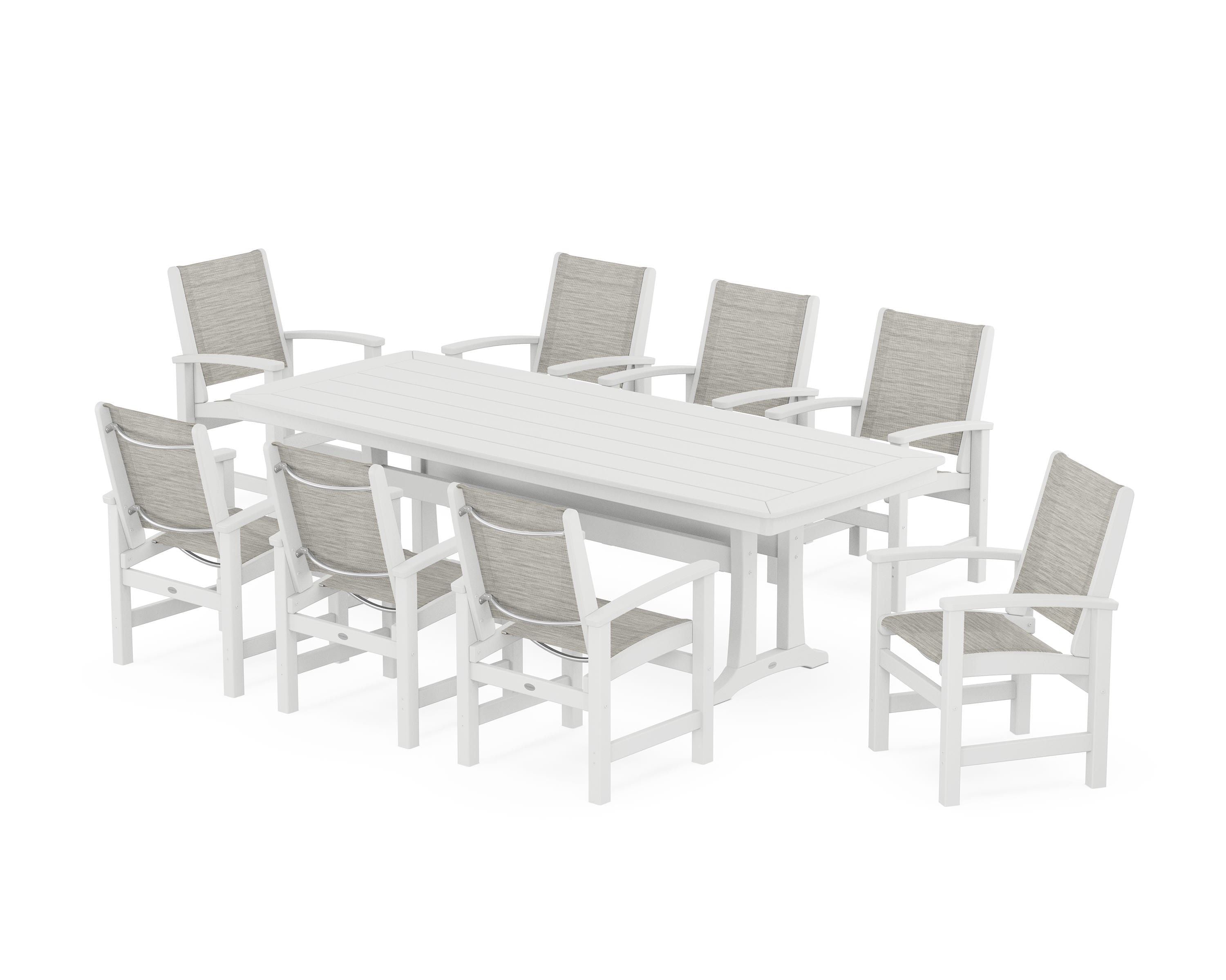 POLYWOOD® Coastal 9-Piece Dining Set with Trestle Legs in White / Birch Sling