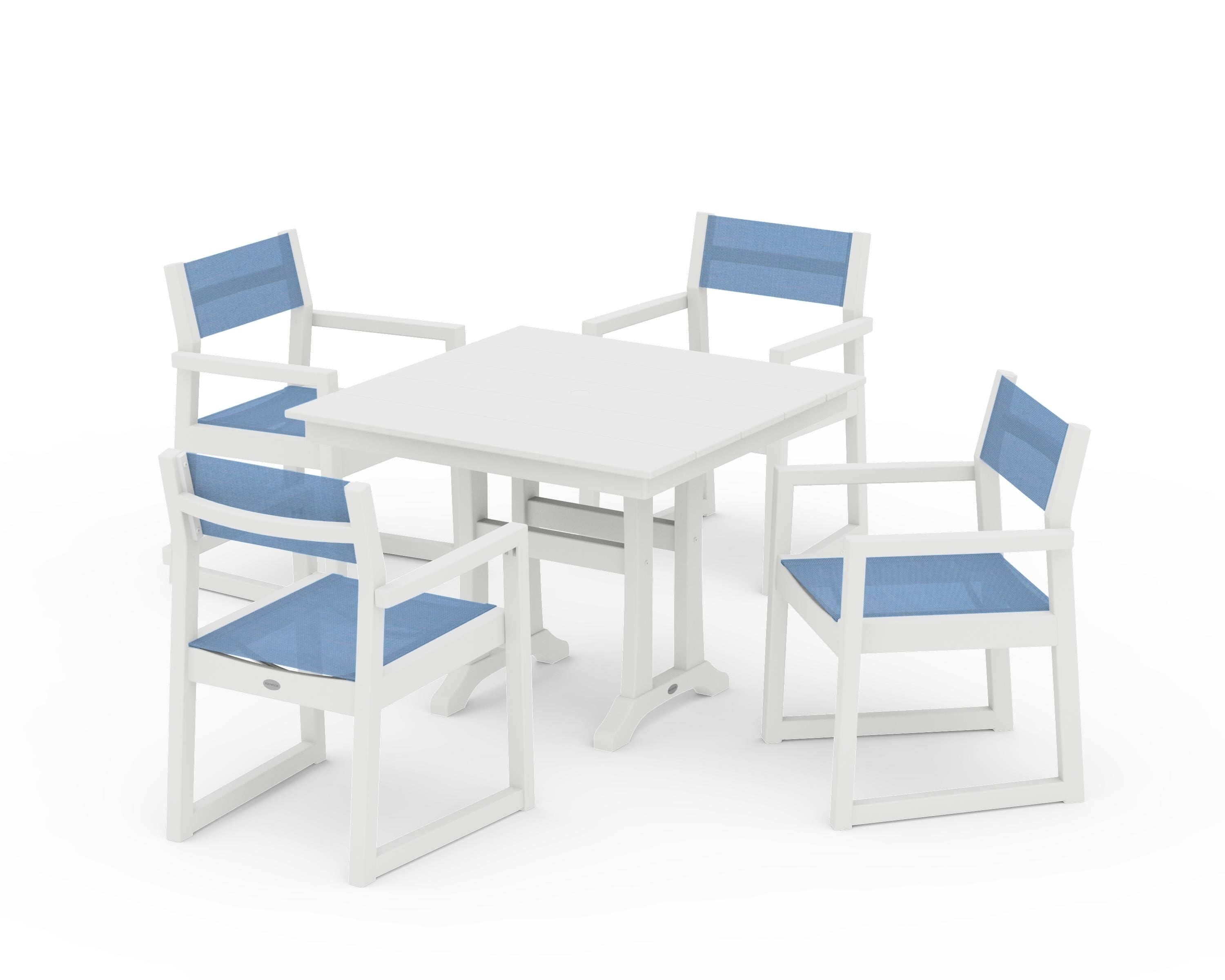 POLYWOOD® EDGE Sling 5-Piece Farmhouse Dining Set with Trestle Legs in White / Poolside Sling
