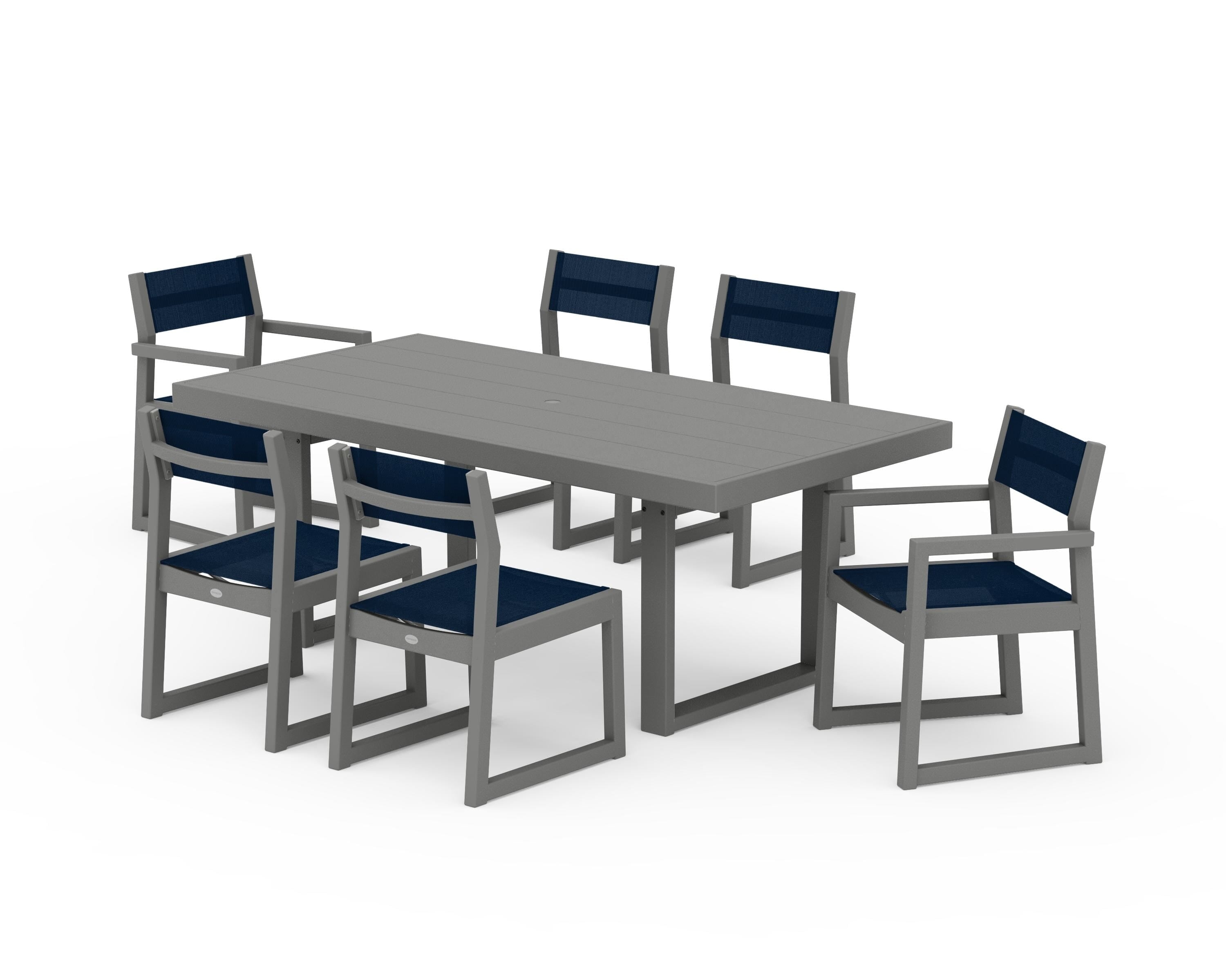POLYWOOD® EDGE Sling 7-Piece Dining Set in Slate Grey / Navy Blue Sling