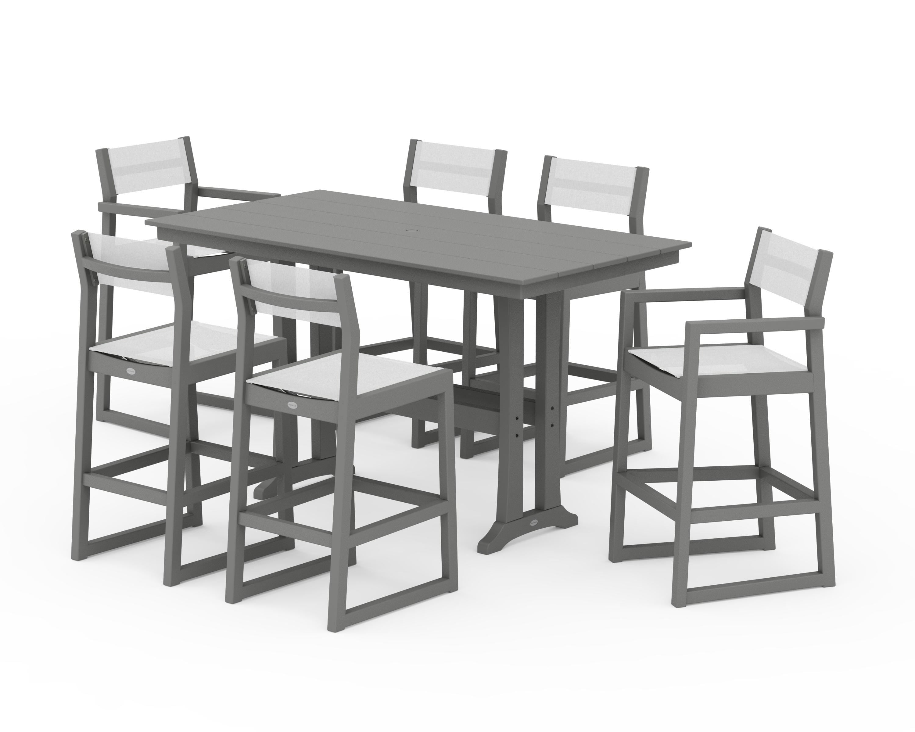 POLYWOOD® EDGE Sling 7-Piece Farmhouse Bar Set with Trestle Legs in Slate Grey / White Sling
