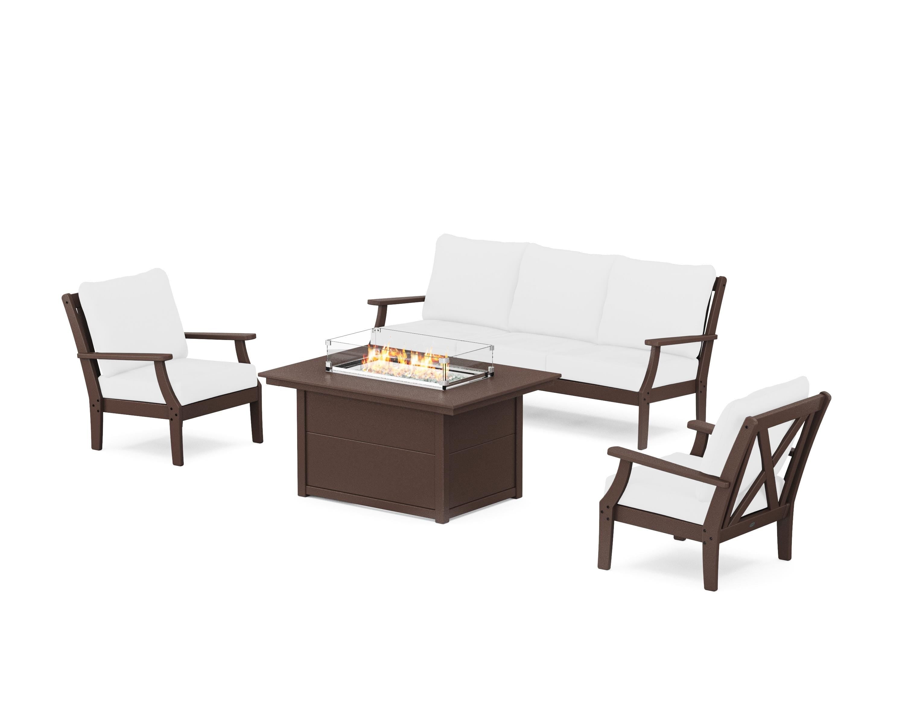 POLYWOOD® Braxton Deep Seating Fire Pit Table Set in Mahogany / Natural