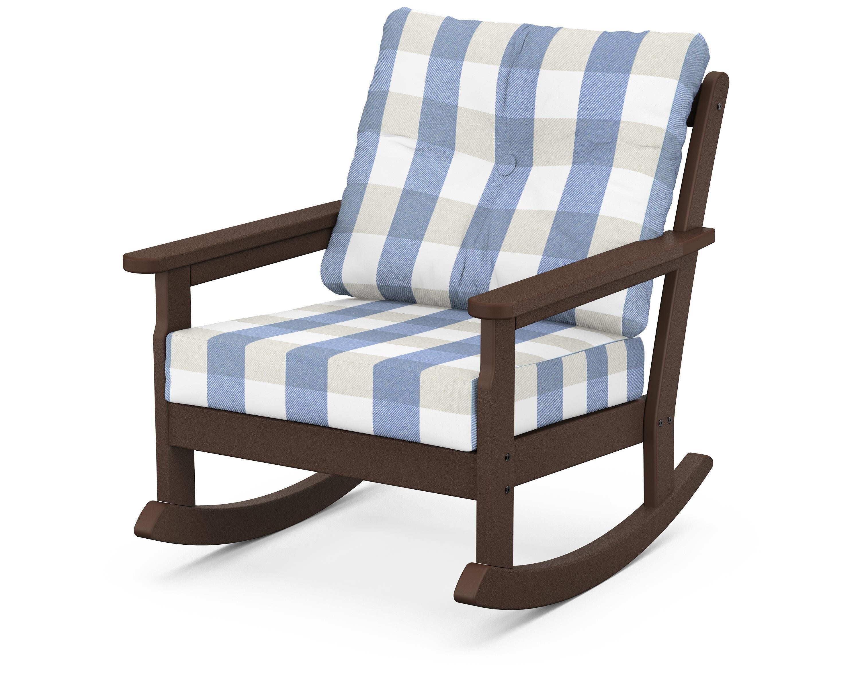 POLYWOOD® Vineyard Deep Seating Rocking Chair in Mahogany / Buffalo Plaid Sky Blue