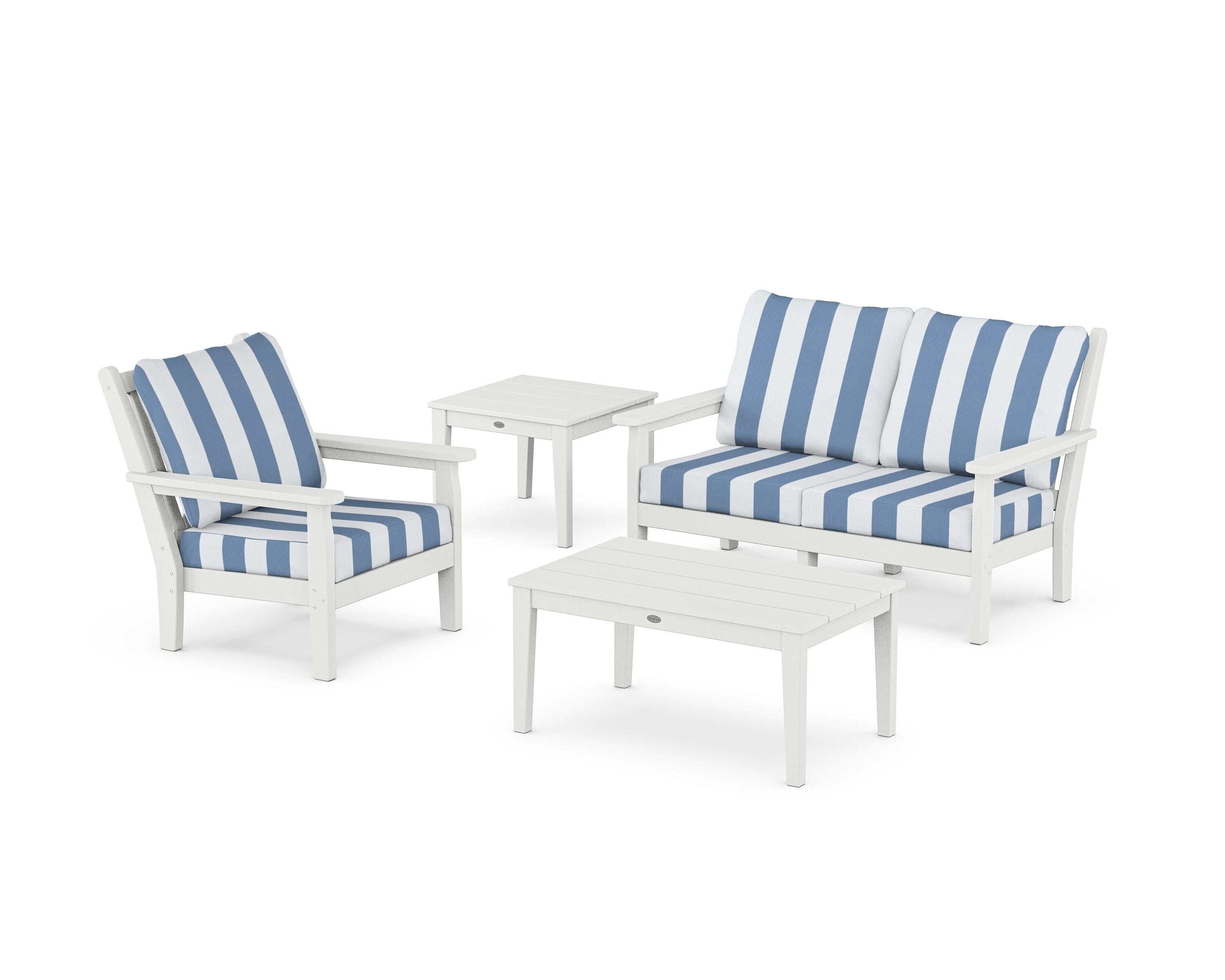 POLYWOOD® Chippendale 4-Piece Deep Seating Set in White / Cabana Stripe Sky Blue