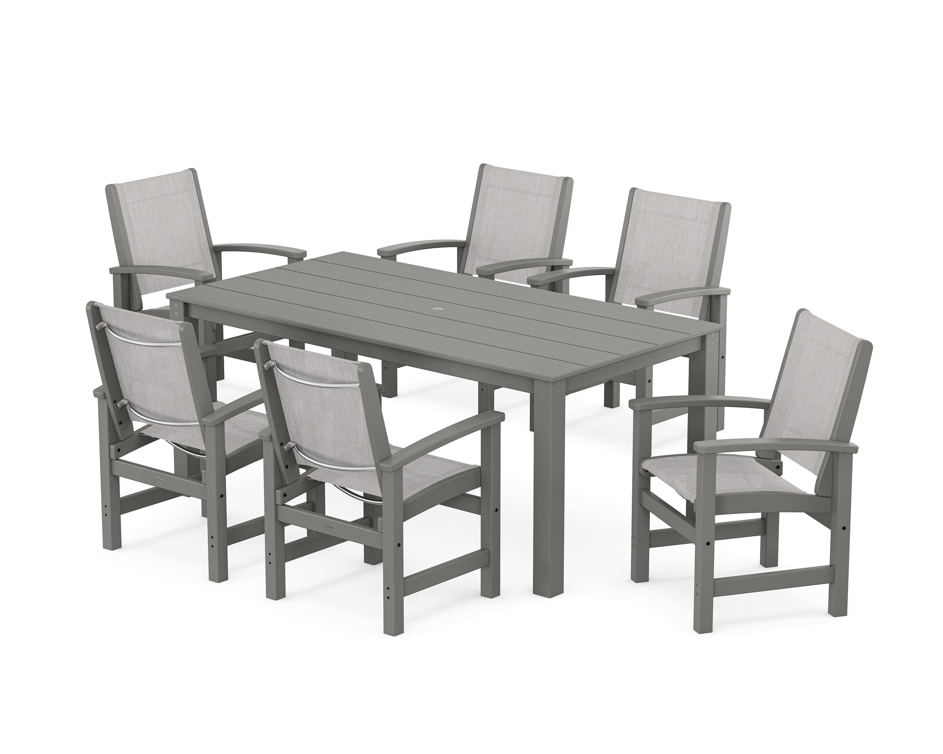 POLYWOOD® Coastal 7-Piece Parsons Dining Set in Green / Dupioni Aquamarine Sling