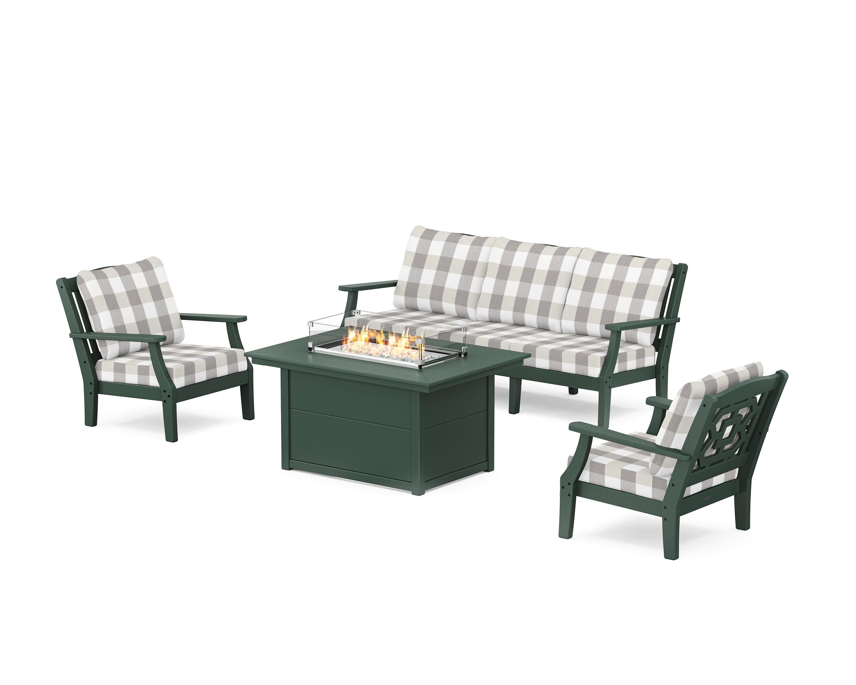 Martha Stewart by POLYWOOD® Chinoiserie Deep Seating Fire Pit Table Set in Green / Buffalo Plaid Grey Mist