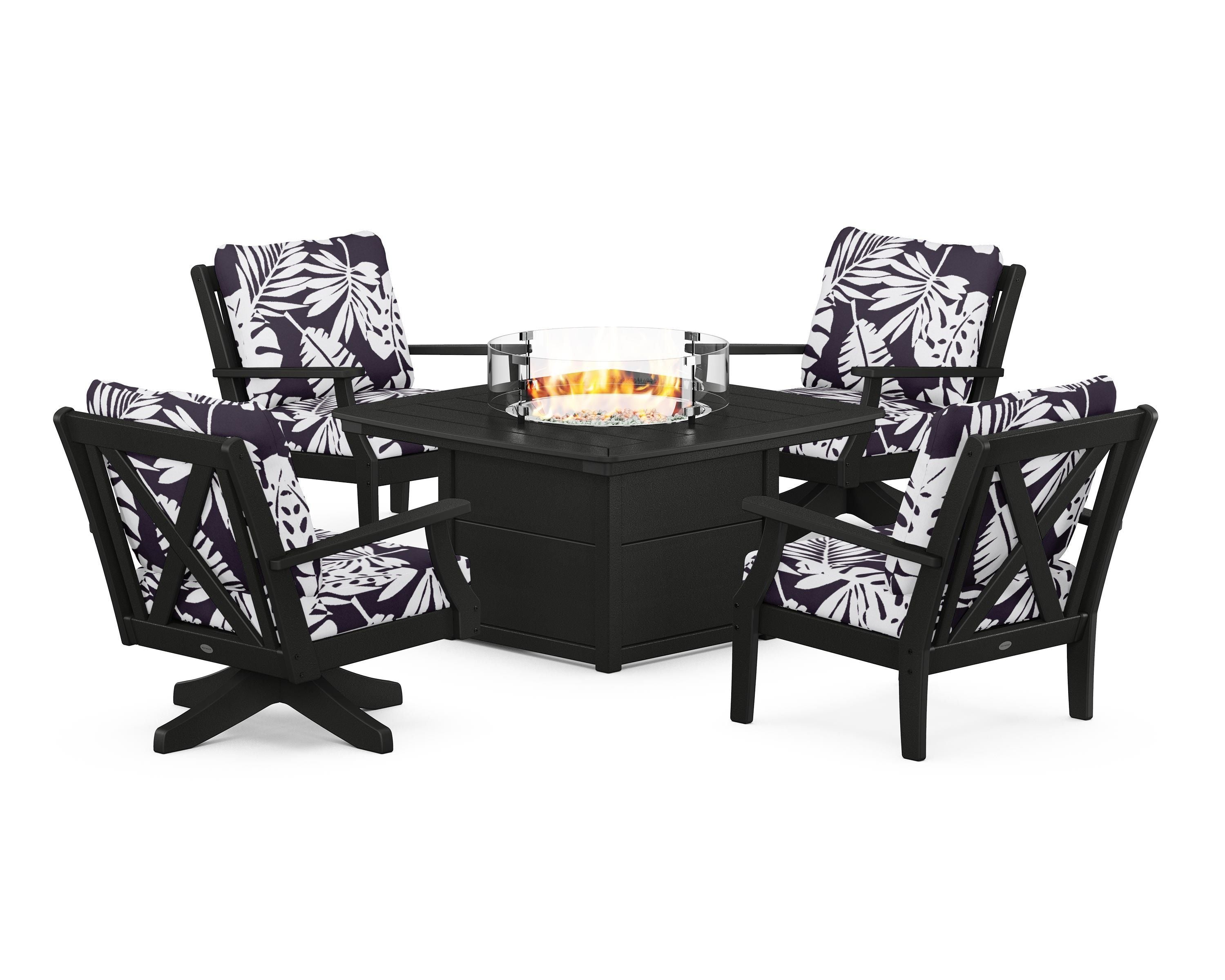 POLYWOOD® Braxton 5-Piece Deep Seating Set with Fire Table in Black / Leaf Navy