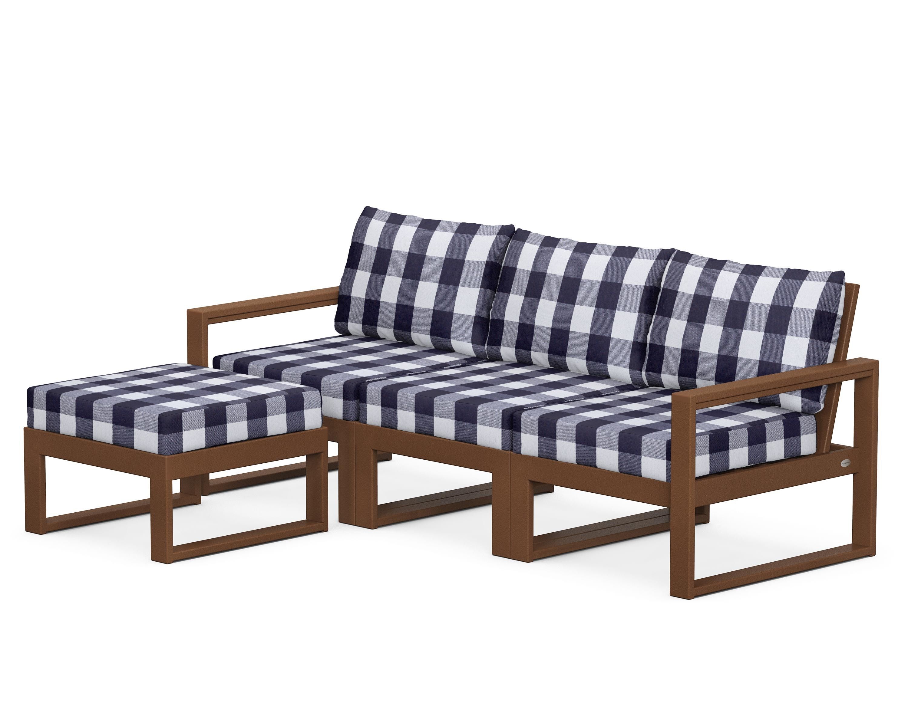 POLYWOOD® EDGE 4-Piece Modular Deep Seating Set with Ottoman in Teak / Buffalo Plaid Navy