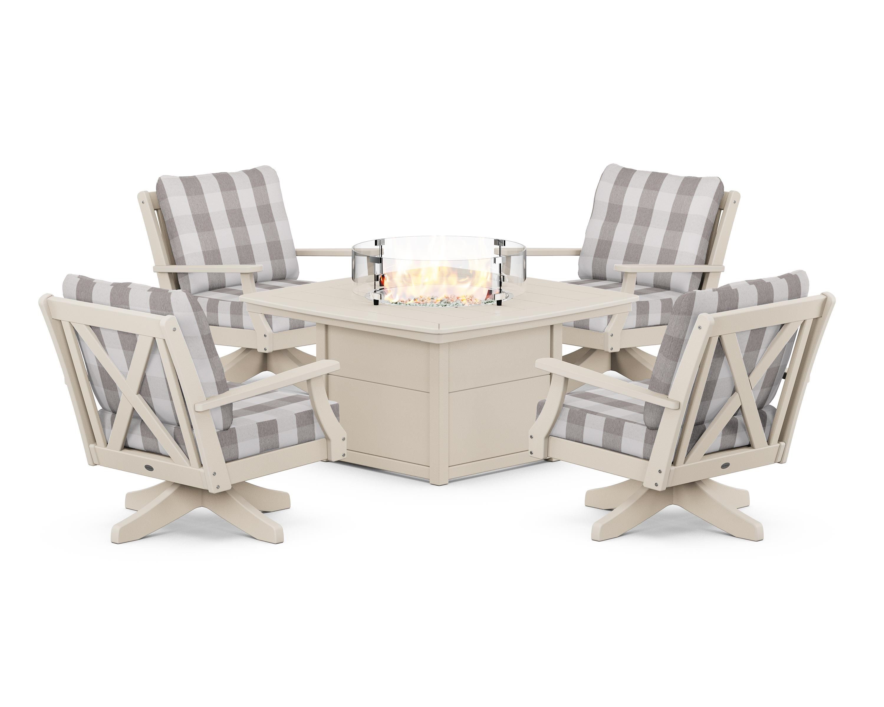 POLYWOOD® Braxton 5-Piece Deep Seating Swivel Conversation Set with Fire Pit Table in Sand / Buffalo Plaid Grey Mist