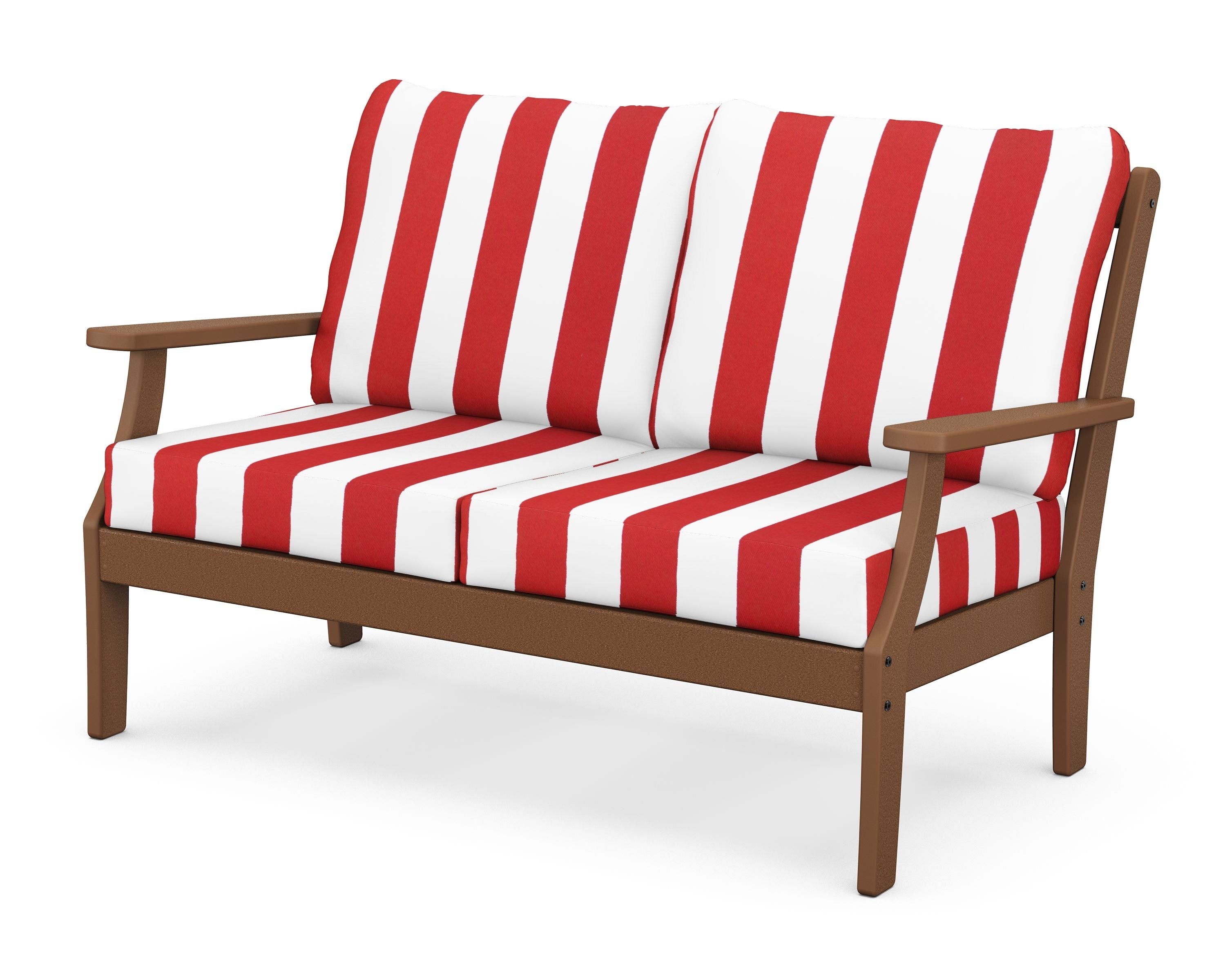 POLYWOOD® Braxton Deep Seating Loveseat in Teak / Cabana Stripe Crimson