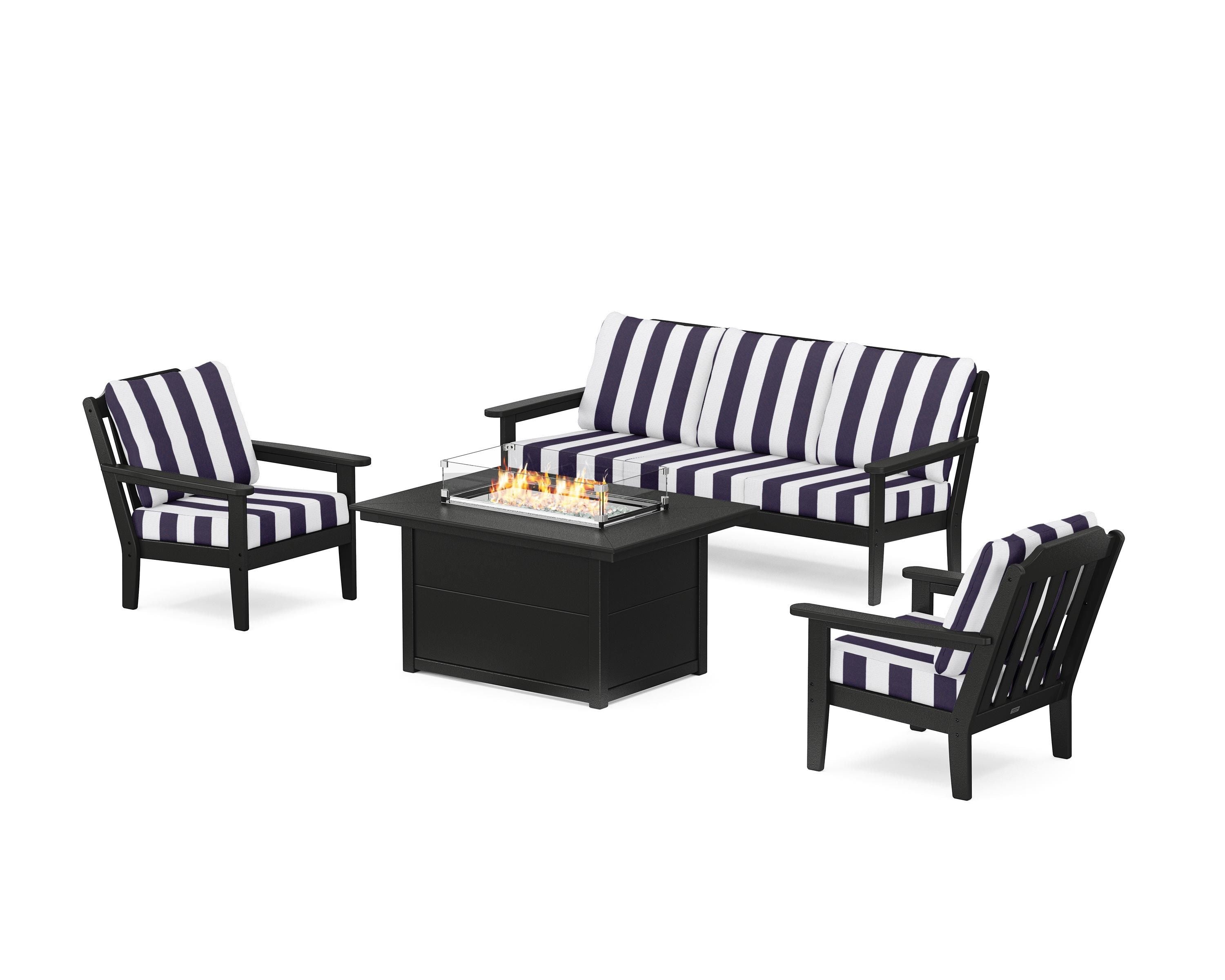Country Living Cottage Deep Seating Fire Pit Table Set in Black / Cabana Stripe Navy