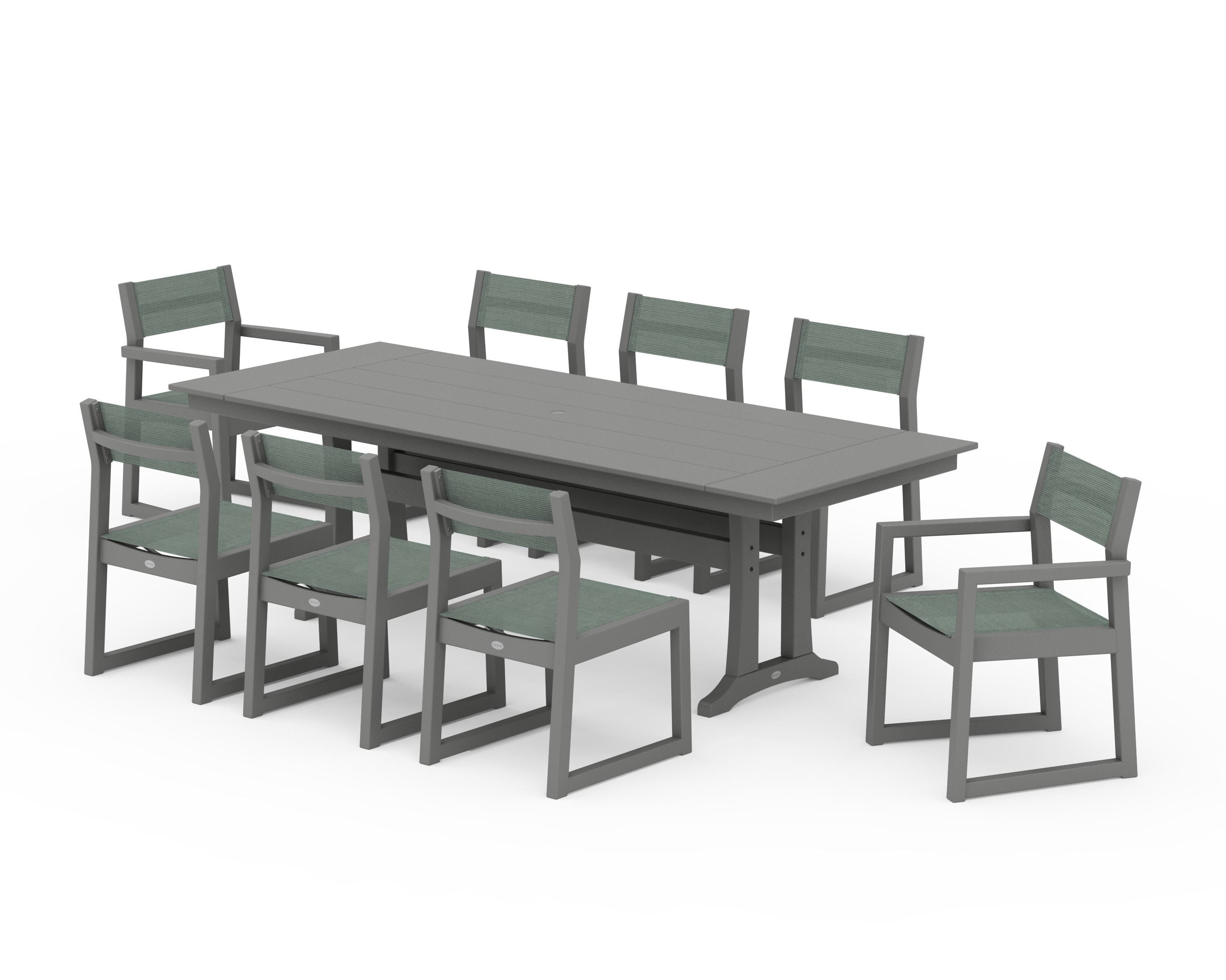 POLYWOOD® EDGE Sling 9-Piece Farmhouse Trestle Dining Set in Slate Grey / Dupioni Sea Mist Sling