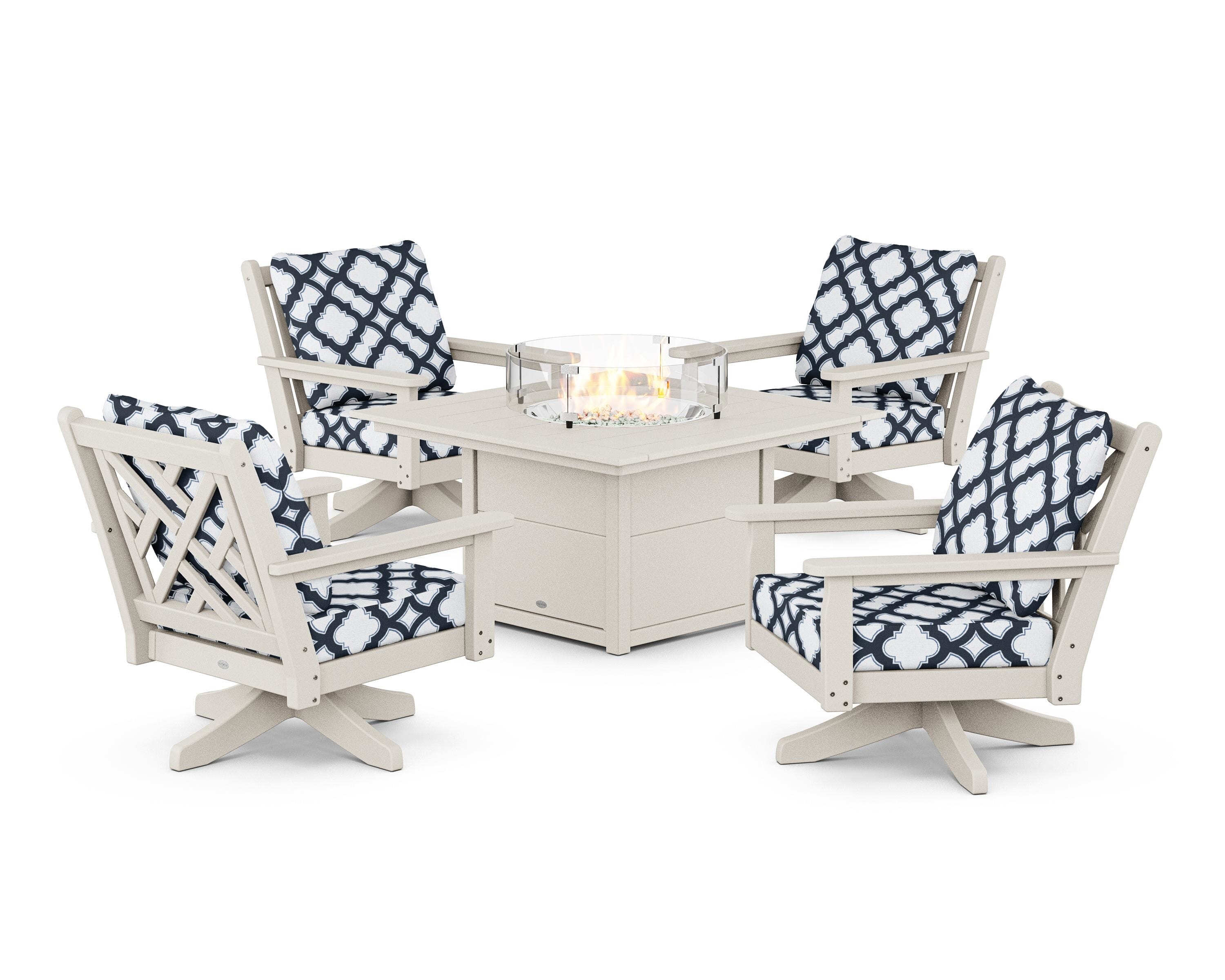 POLYWOOD® Chippendale 5-Piece Deep Seating Swivel Conversation Set with Fire Pit Table in Sand / Trellis Marine Indigo