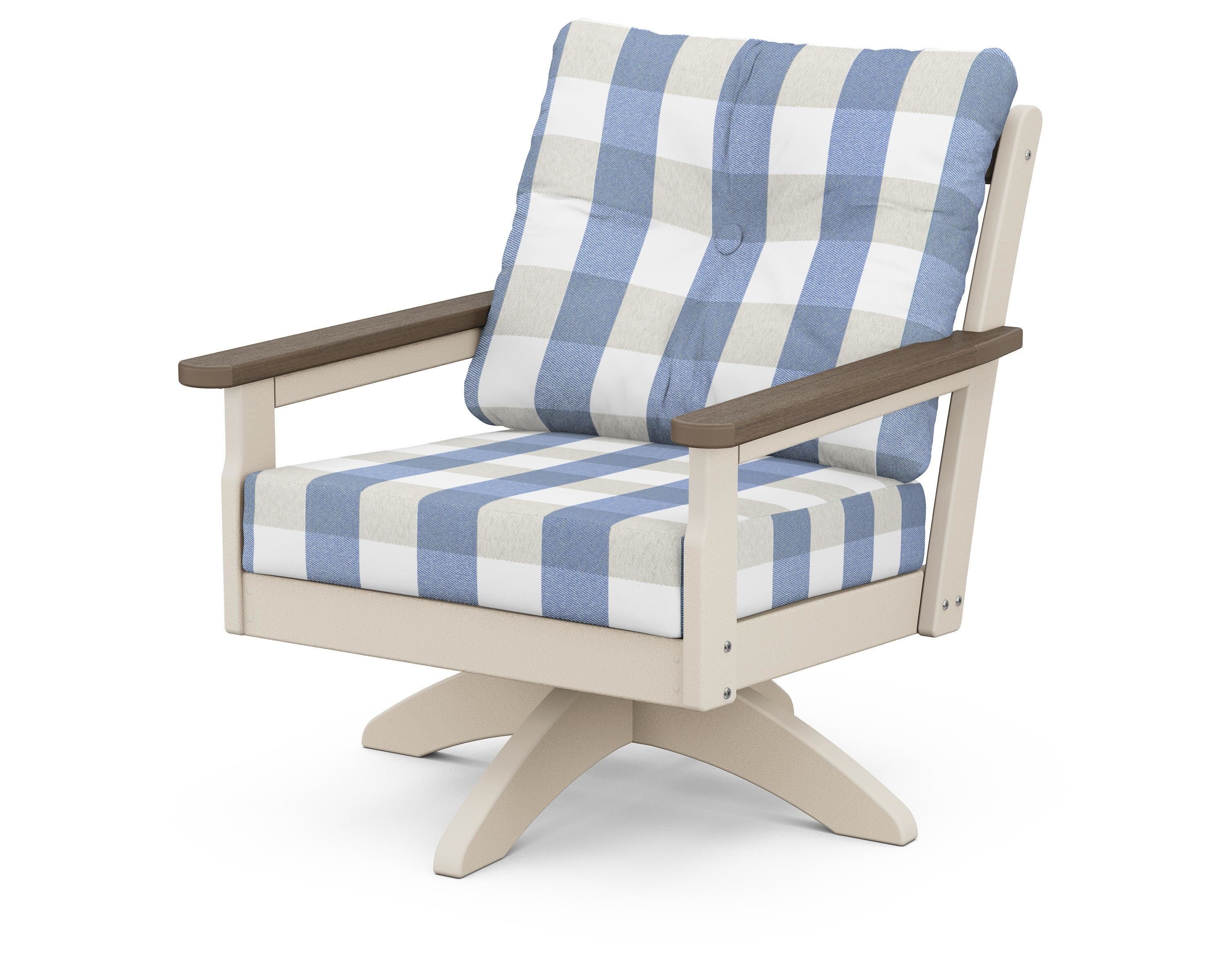 POLYWOOD® Vineyard Deep Seating Swivel Chair in Sand / Kona / Buffalo Plaid Sky Blue