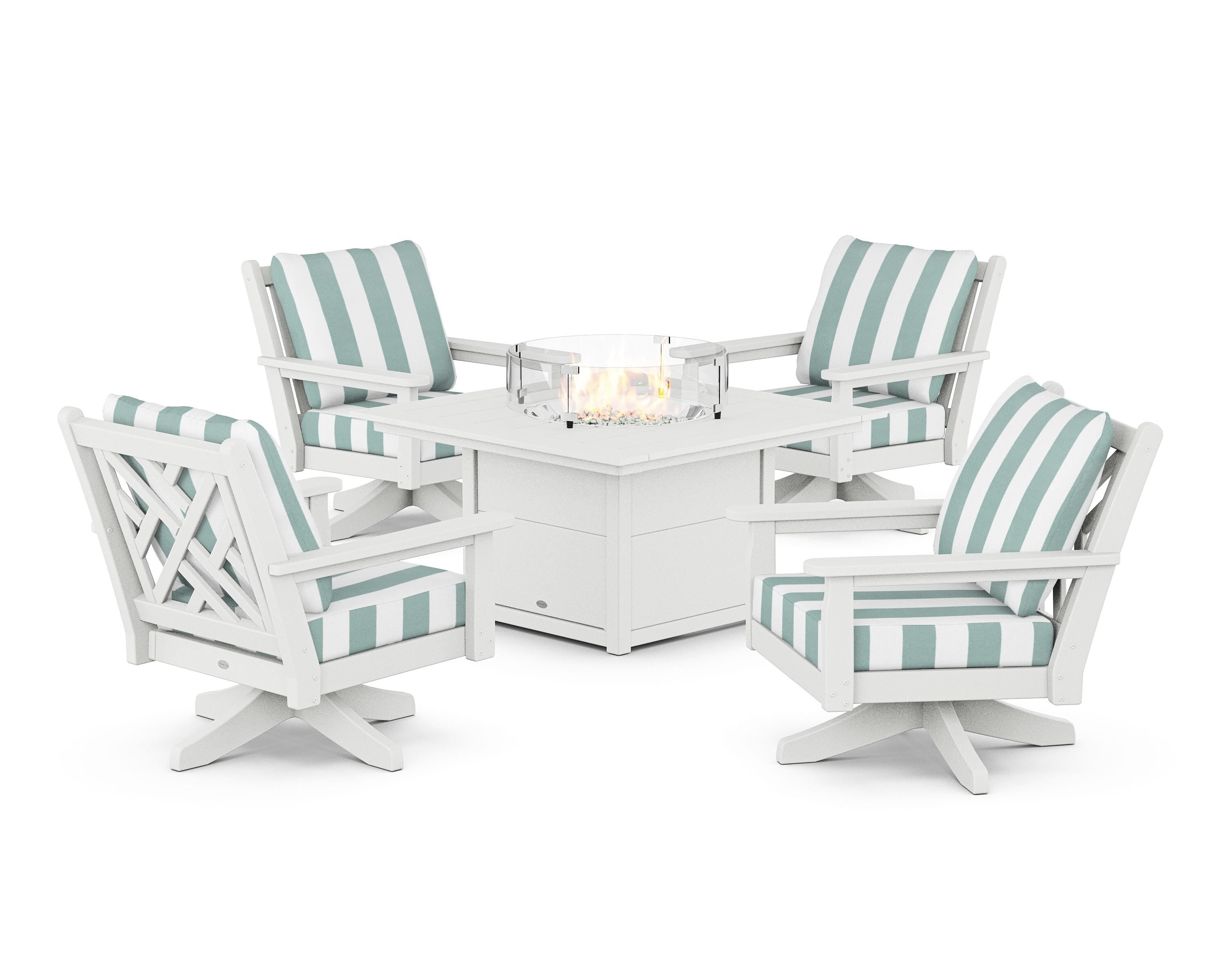 POLYWOOD® Chippendale 5-Piece Deep Seating Swivel Conversation Set with Fire Pit Table in White / Cabana Stripe Glacier Spa