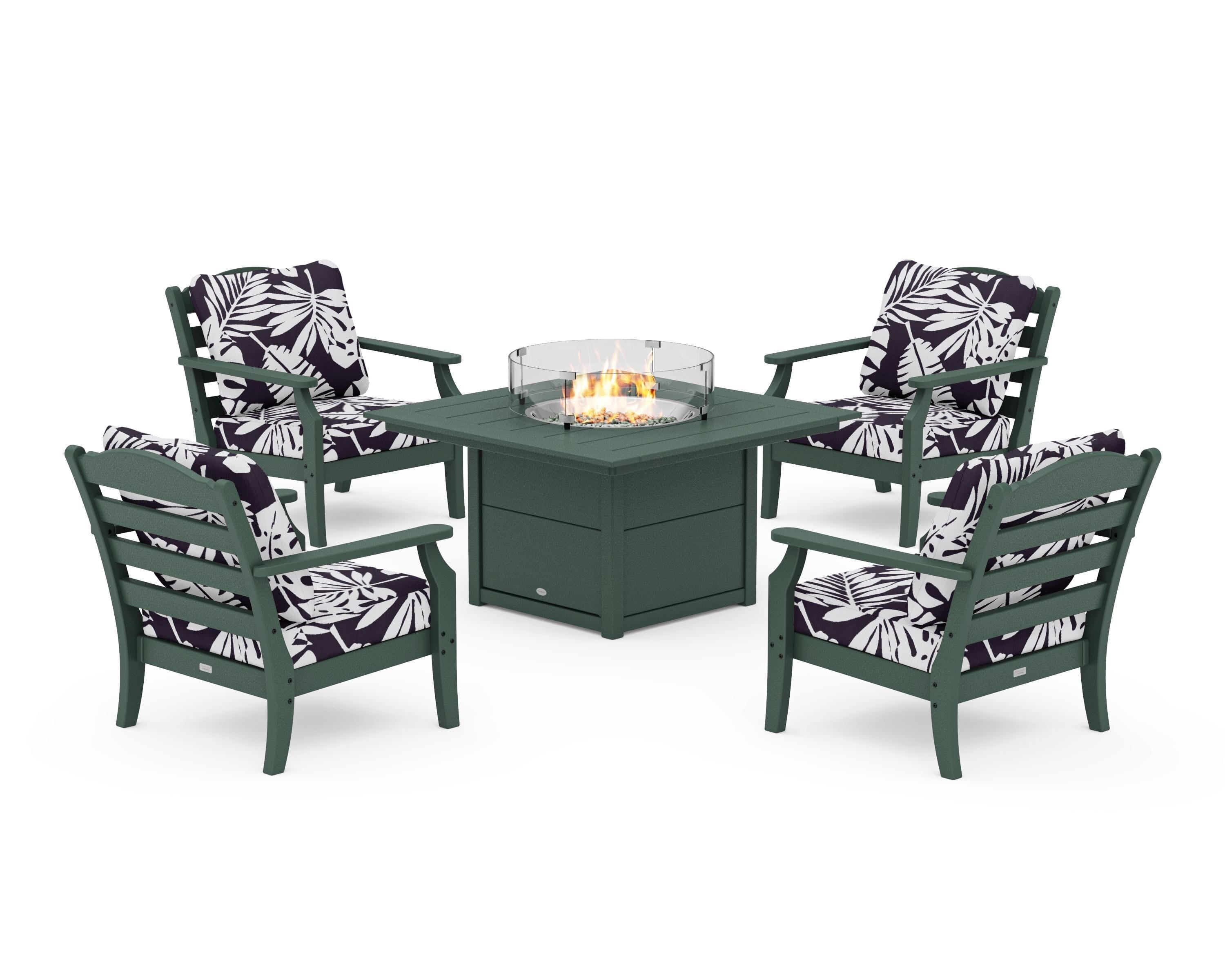 Draper James™ by POLYWOOD® Savannah 5-Piece Deep Seating Set with Fire Pit Table in Green / Leaf Navy