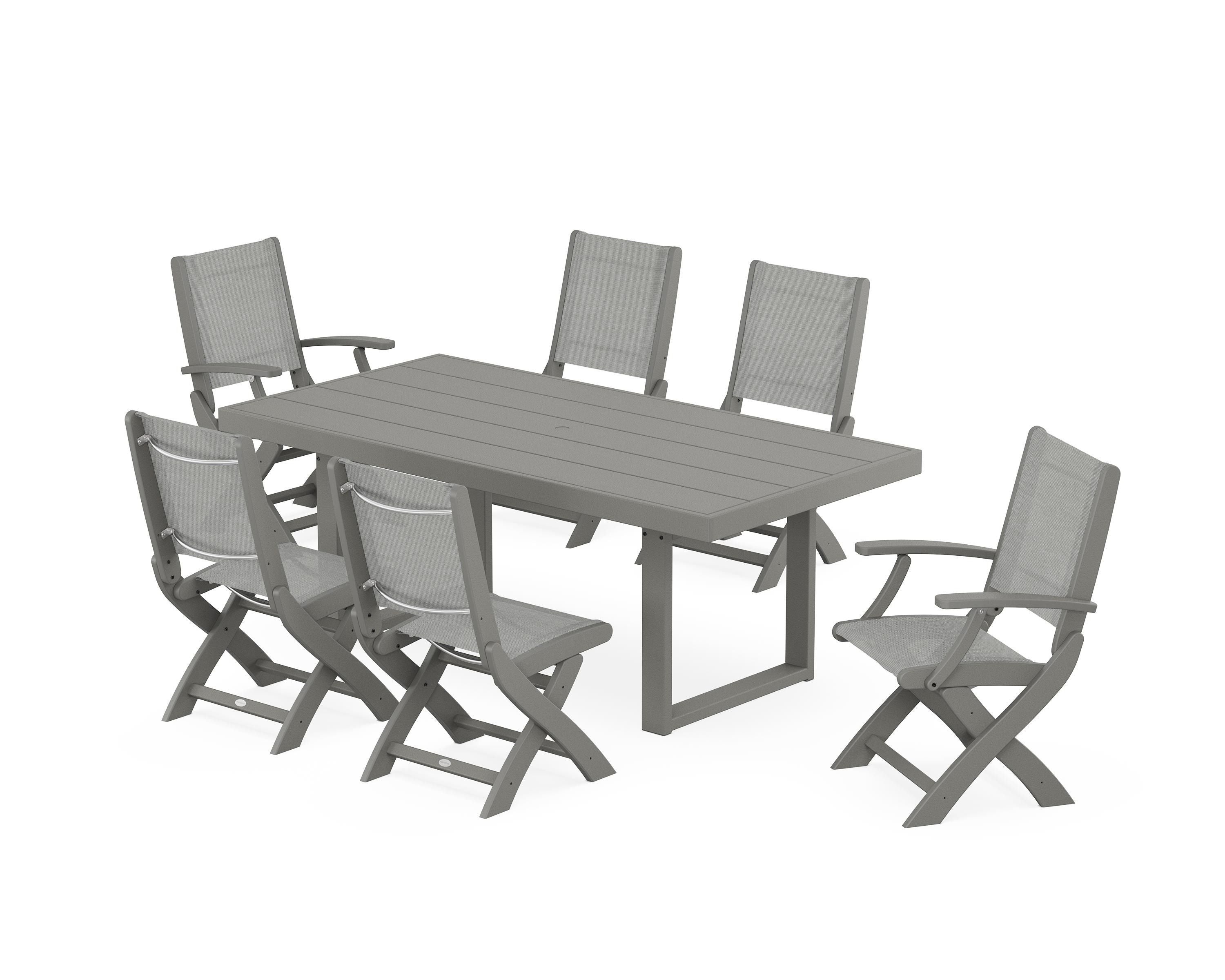 POLYWOOD® Coastal Folding Chair 7-Piece Dining Set with Trestle Legs in Slate Grey / Metallic Sling