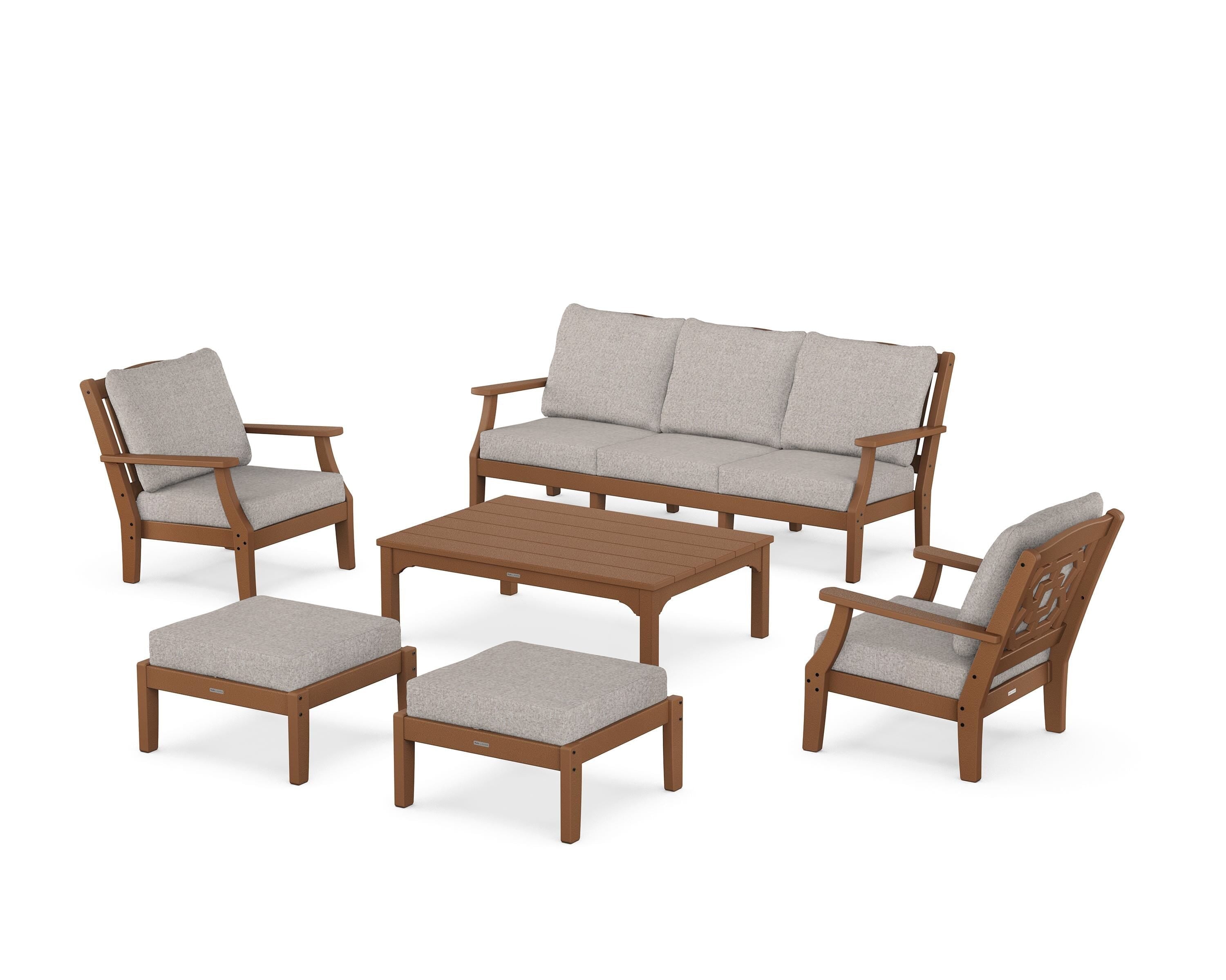Martha Stewart by POLYWOOD® Chinoiserie 6-Piece Lounge Sofa Set in Teak / Weathered Tweed