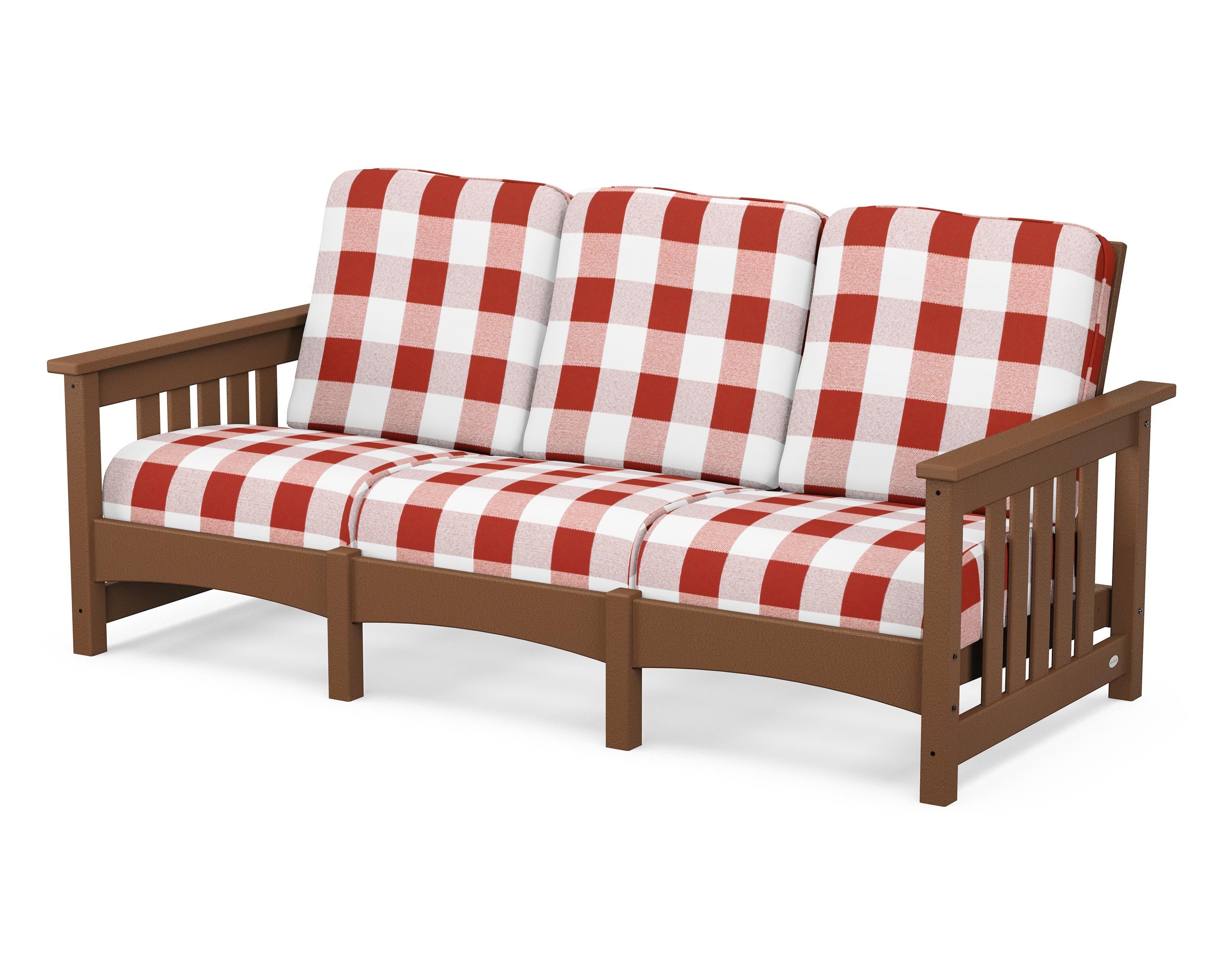 POLYWOOD® Club Mission Sofa in Teak / Buffalo Plaid Crimson