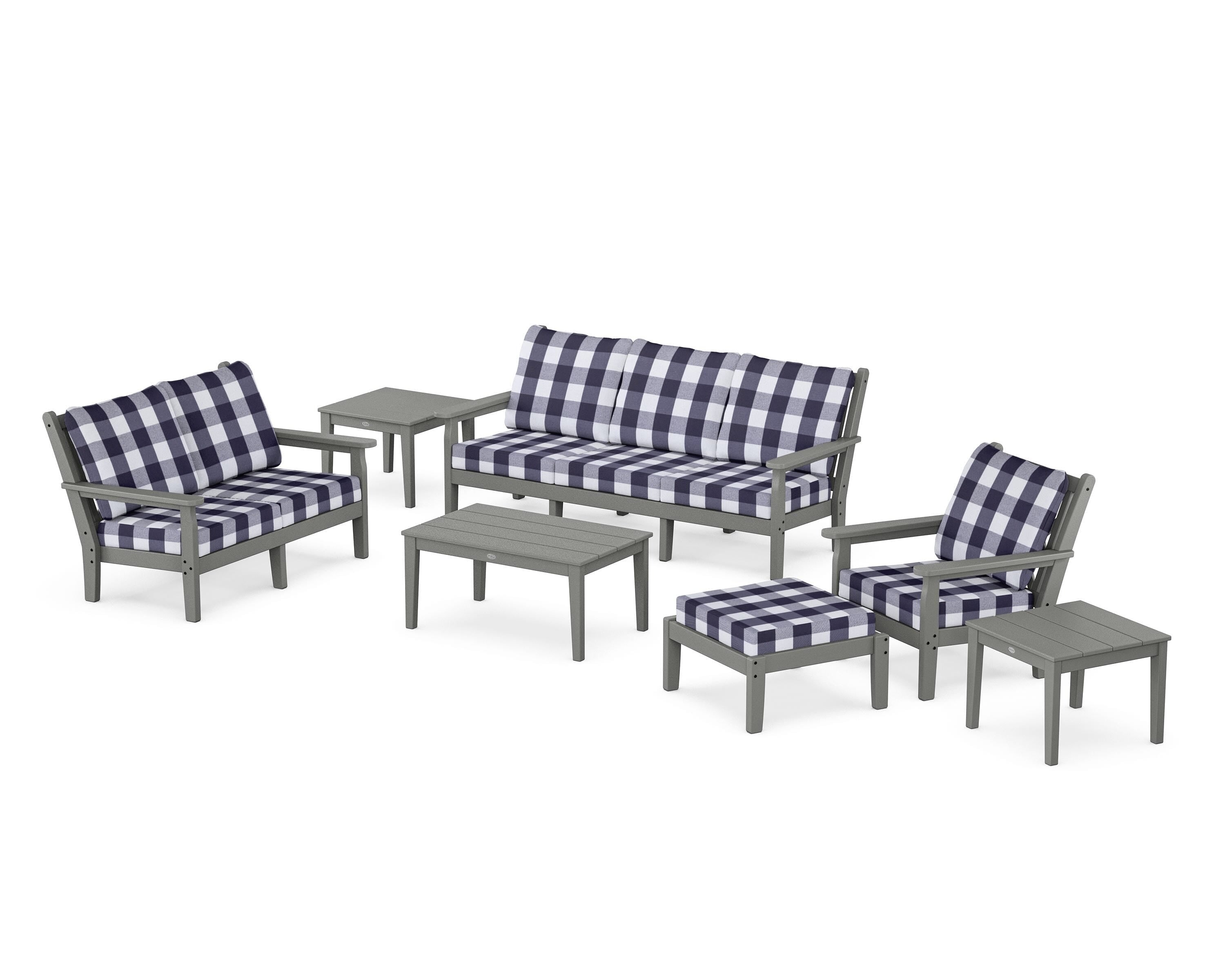 POLYWOOD® Chippendale 7-Piece Deep Seating Set in Slate Grey / Buffalo Plaid Navy