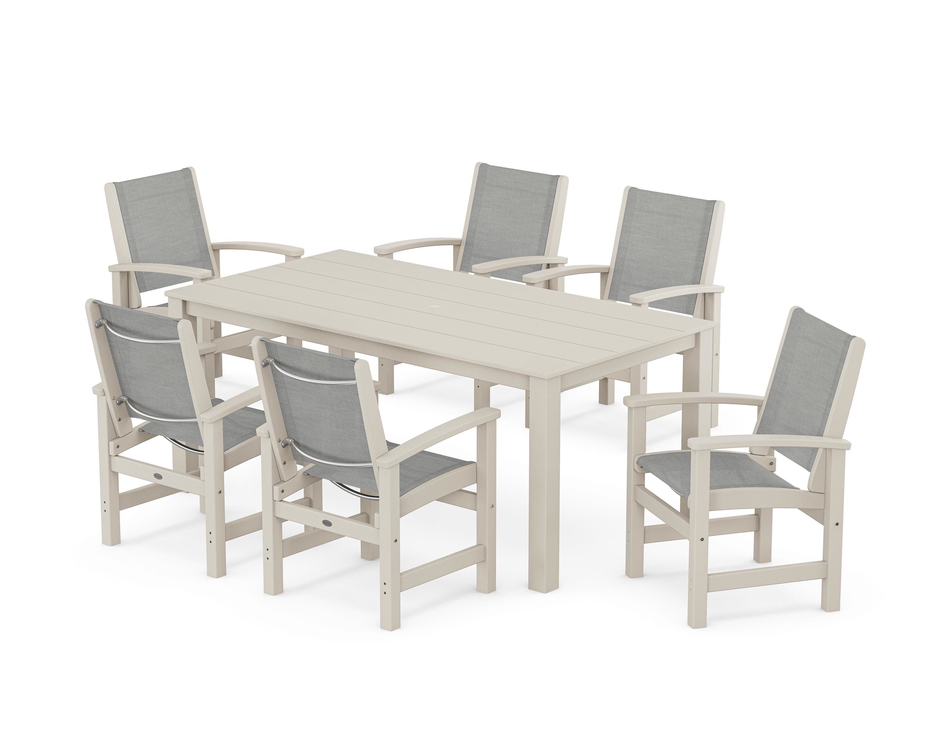 POLYWOOD® Coastal 7-Piece Parsons Dining Set in Sand / Metallic Sling