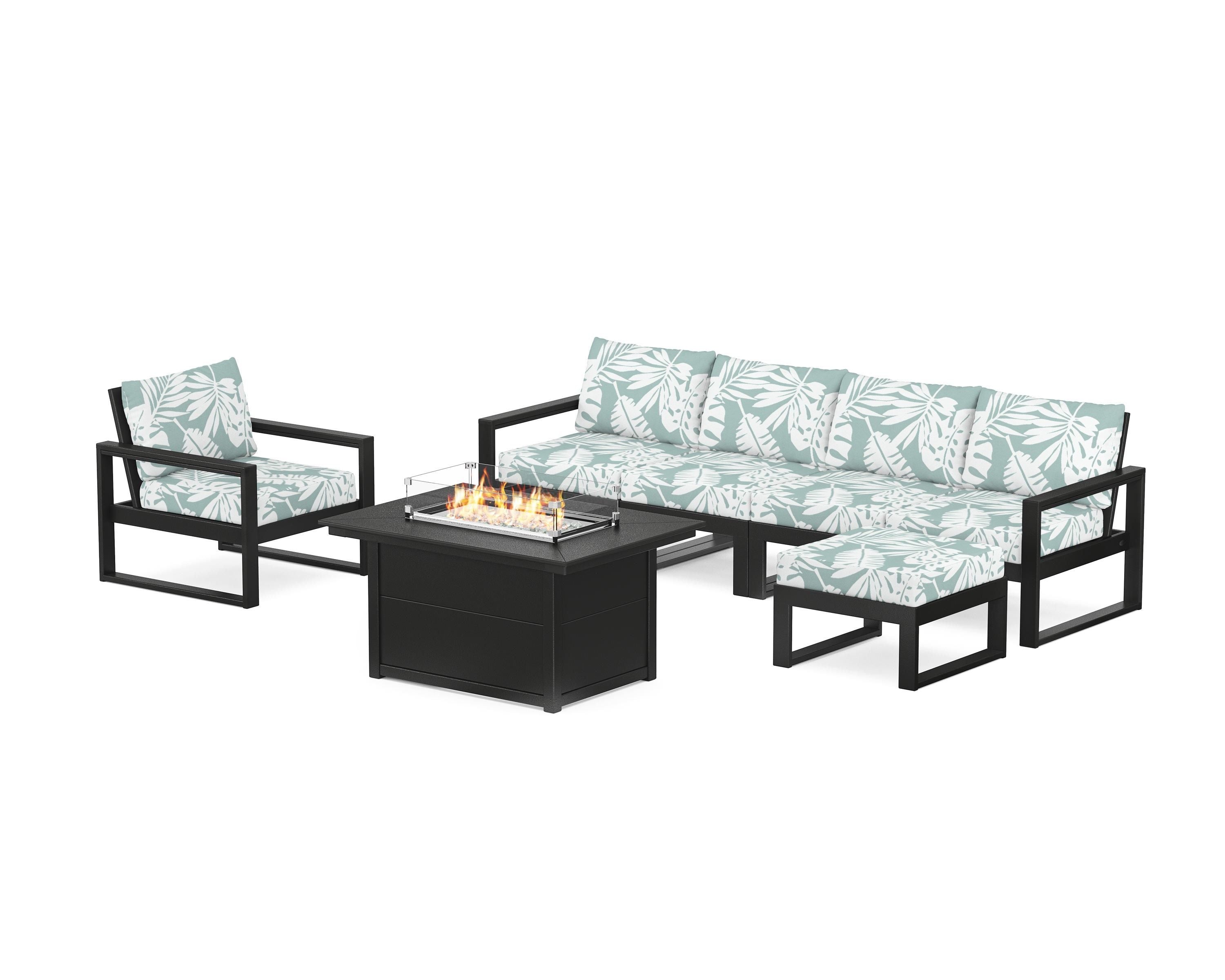 POLYWOOD® EDGE Sectional Lounge and Fire Pit Set in Black / Leaf Glacier Spa