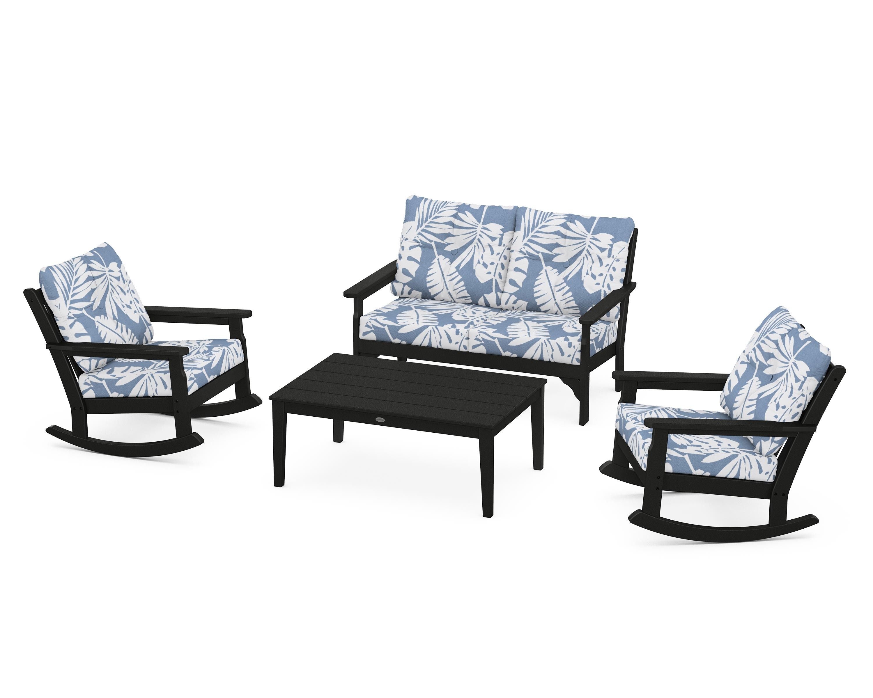 POLYWOOD® Vineyard 4-Piece Deep Seating Rocking Chair Set in Black / Leaf Sky Blue