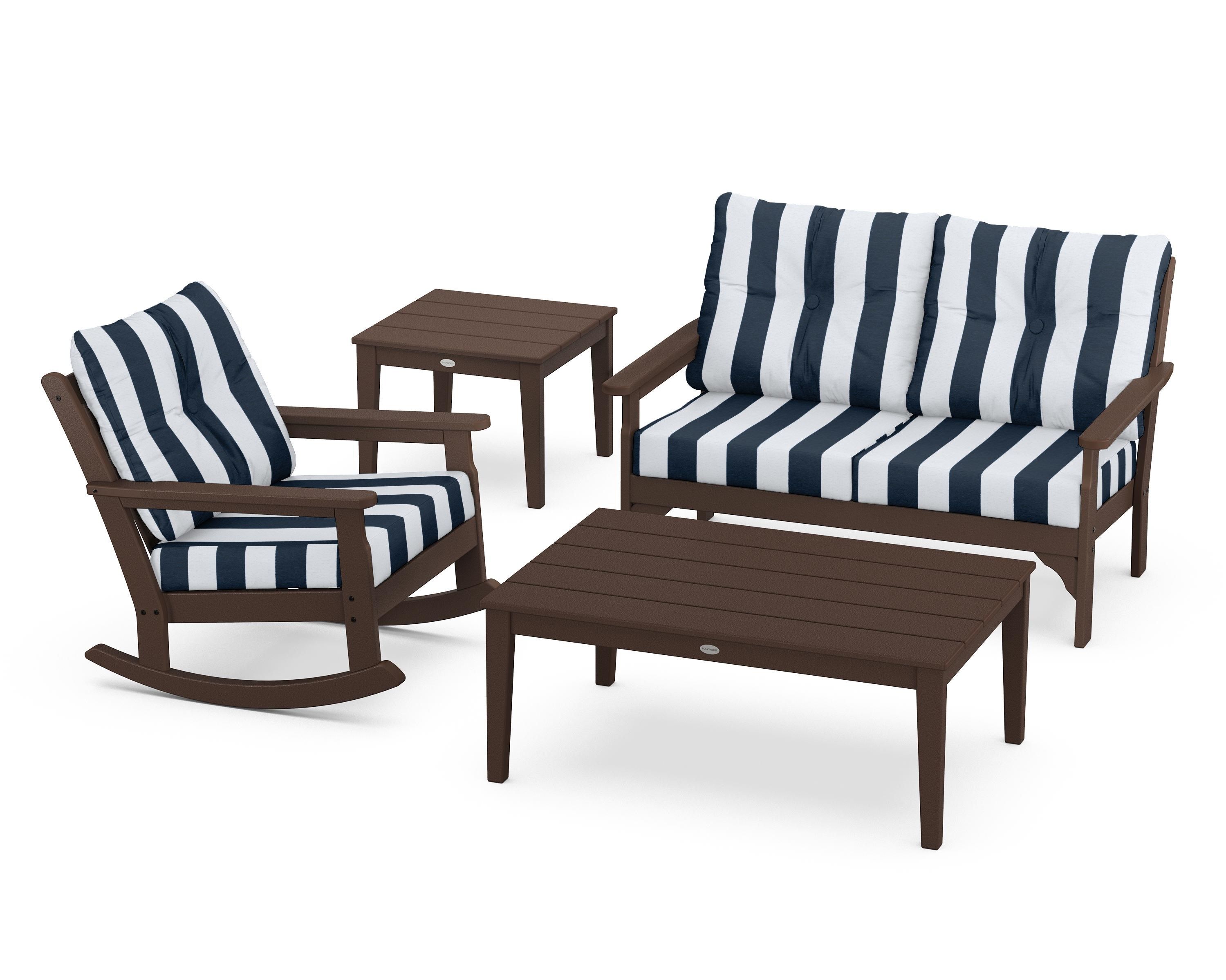POLYWOOD® Vineyard 4-Piece Deep Seating Rocker Set in Mahogany / Cabana Stripe Marine Indigo