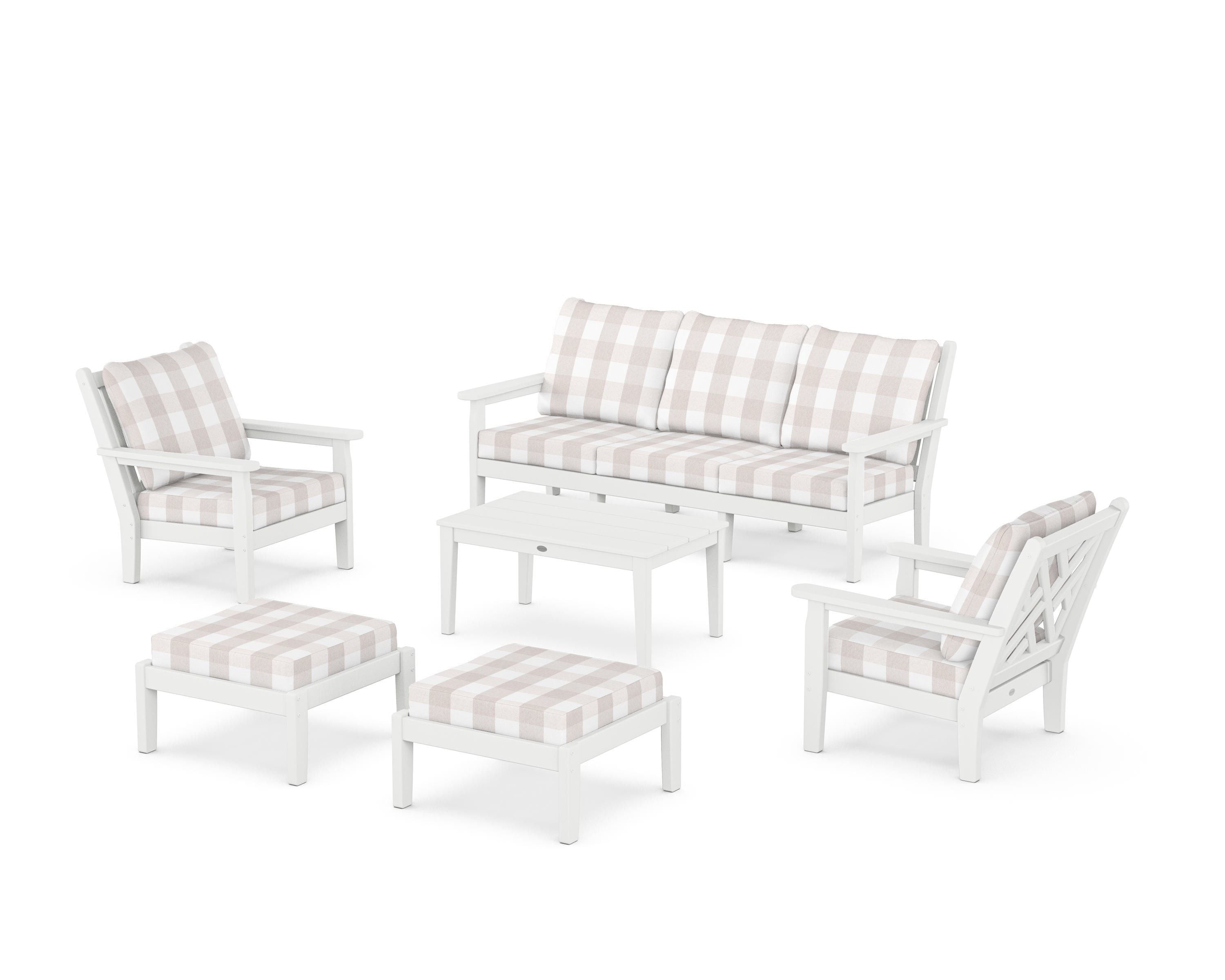 POLYWOOD® Chippendale 6-Piece Lounge Sofa Set in White / Buffalo Plaid Dune Burlap