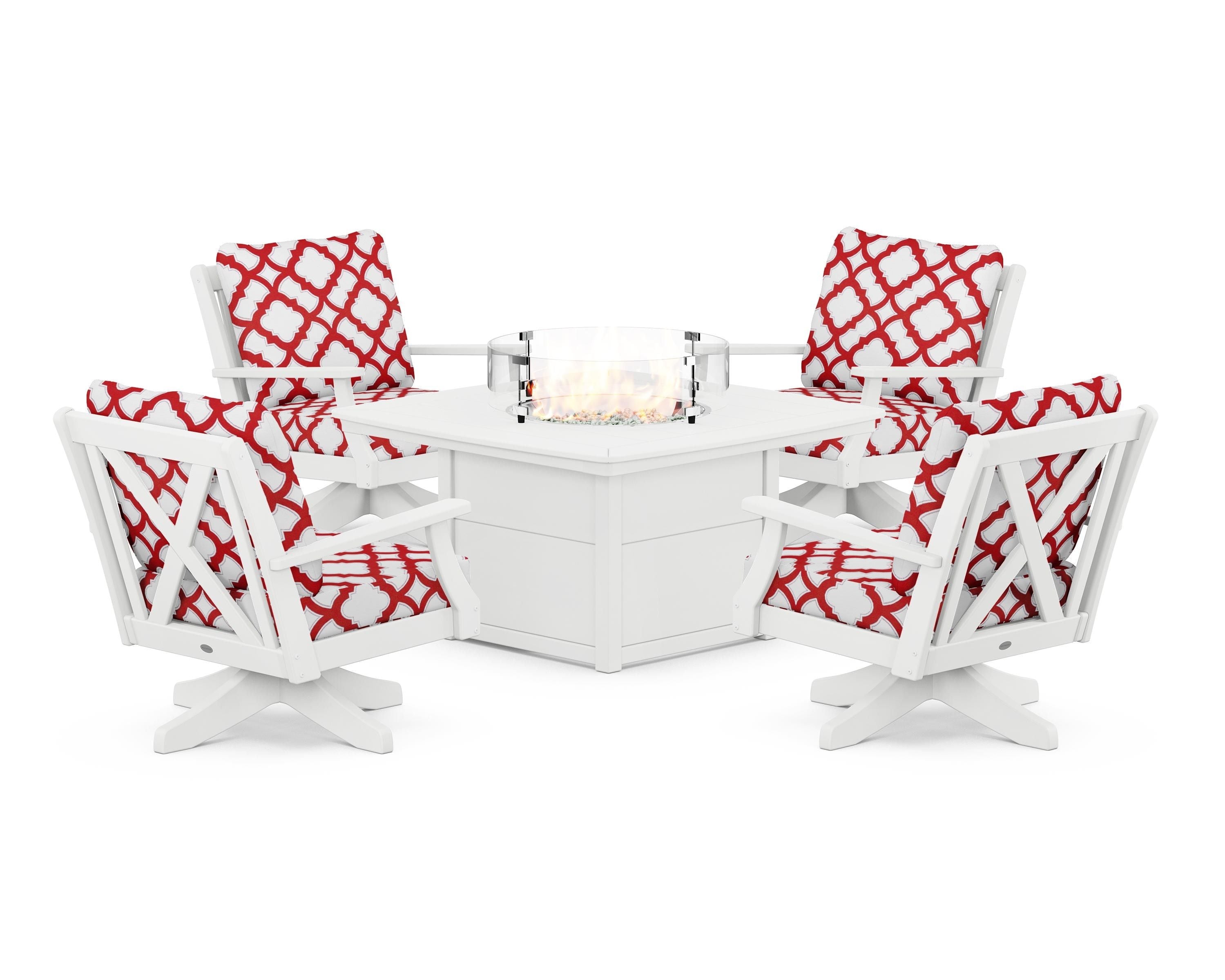 POLYWOOD® Braxton 5-Piece Deep Seating Swivel Conversation Set with Fire Pit Table in White / Trellis Crimson