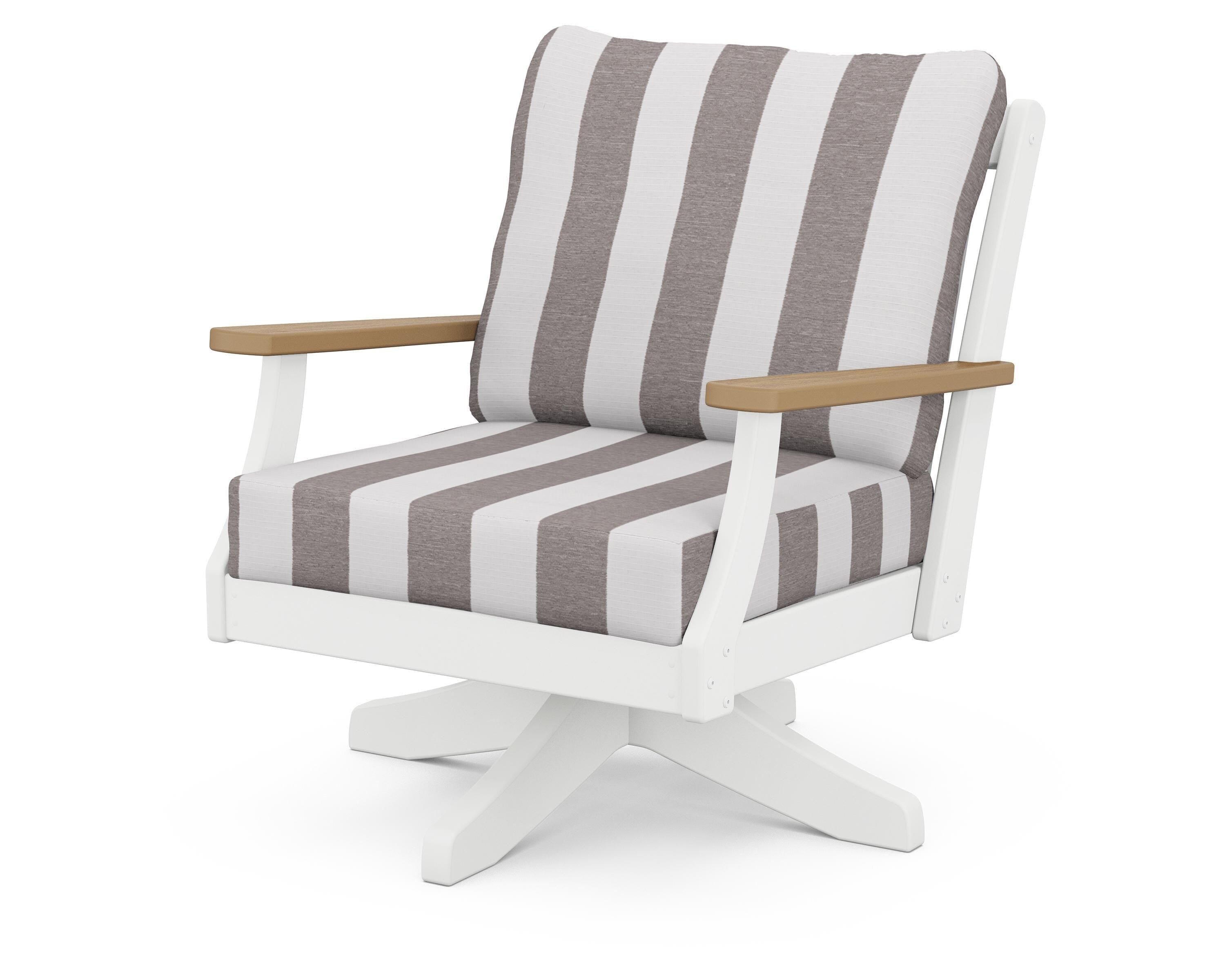 POLYWOOD® Braxton Deep Seating Swivel Chair in White / Natural / Cabana Stripe Grey Mist