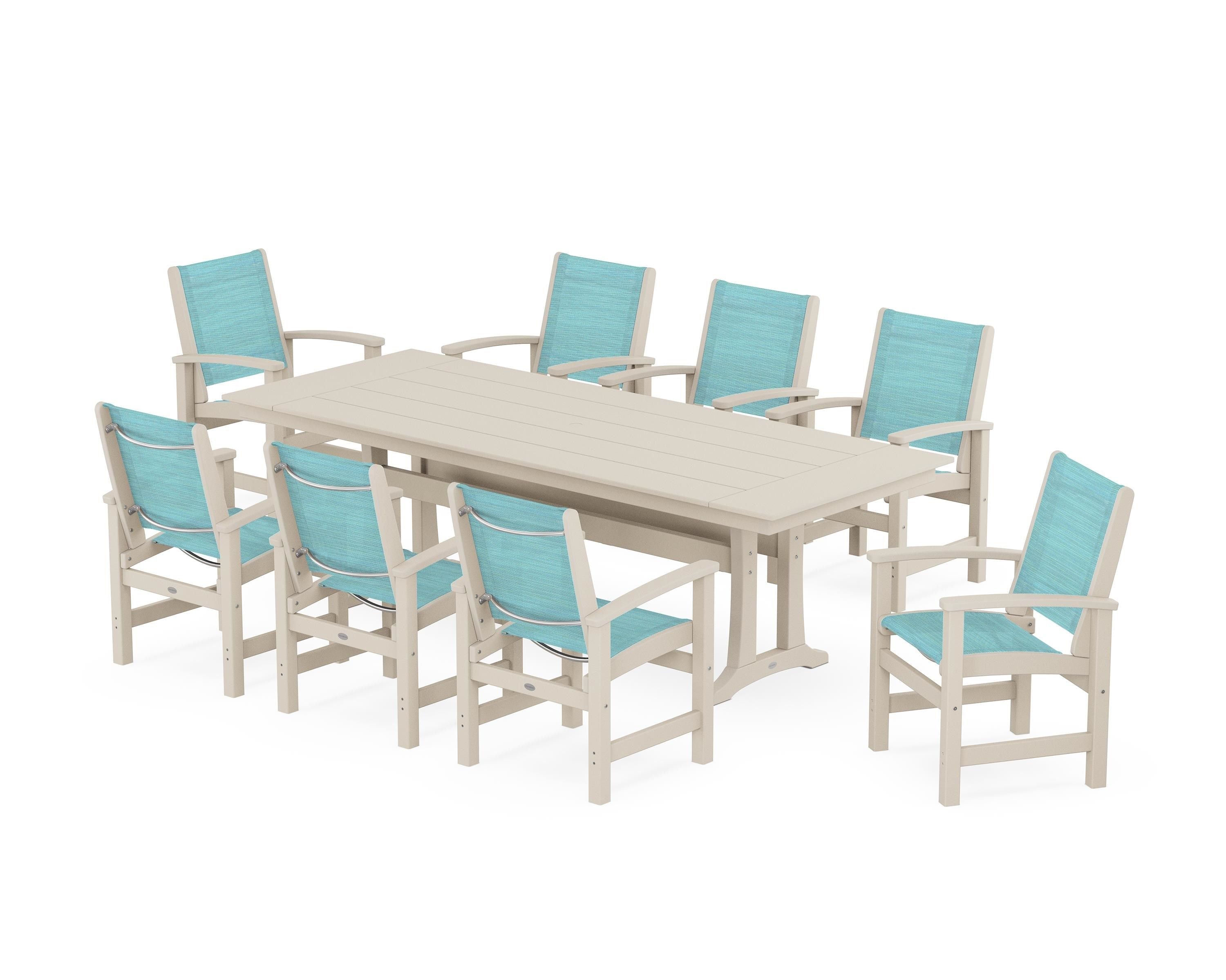 POLYWOOD® Coastal 9-Piece Farmhouse Dining Set with Trestle Legs in Sand / Dupioni Aquamarine Sling